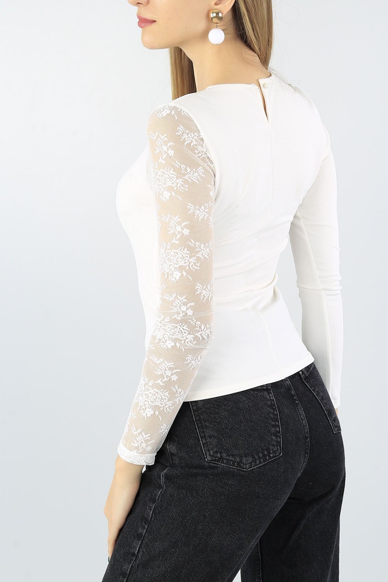 Krem Tül Tasarımlı Bluz 54143