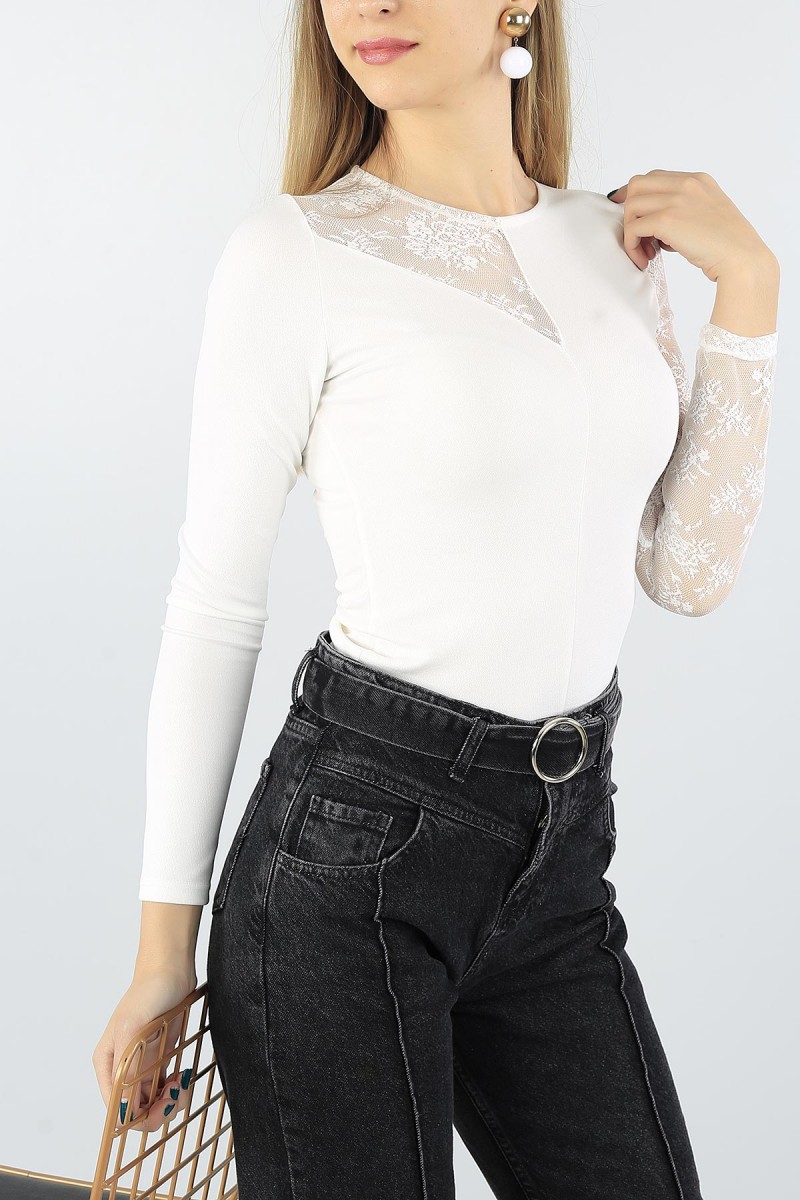 Krem Tül Tasarımlı Bluz 54143