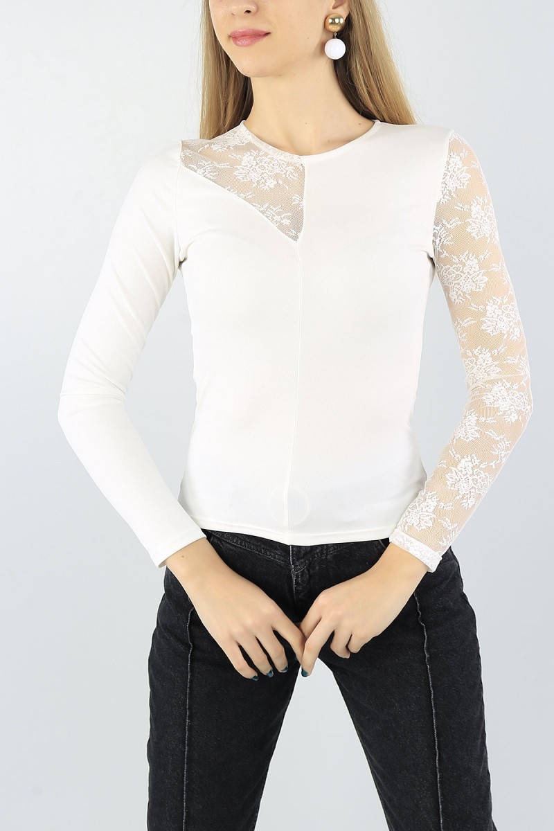 Krem Tül Tasarımlı Bluz 54143
