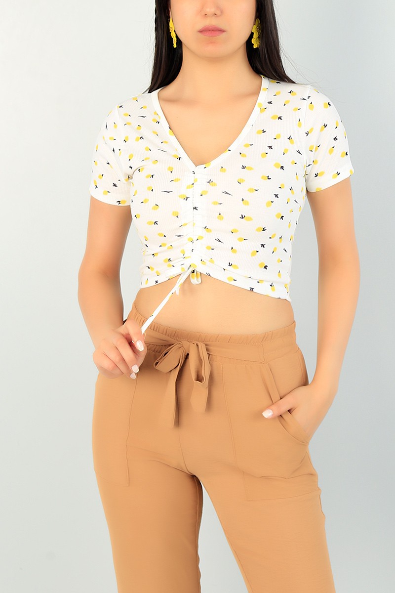 Krem V Yaka Sıkmalı Bluz 71616