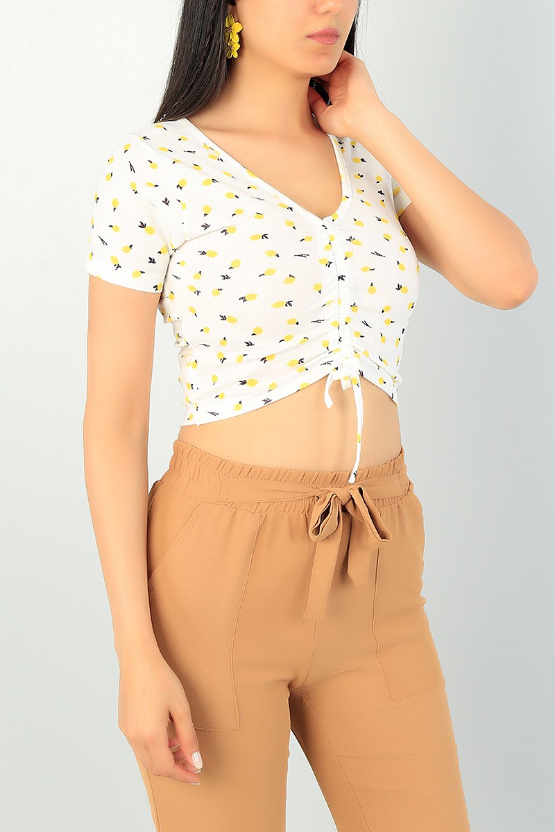 Krem V Yaka Sıkmalı Bluz 71616