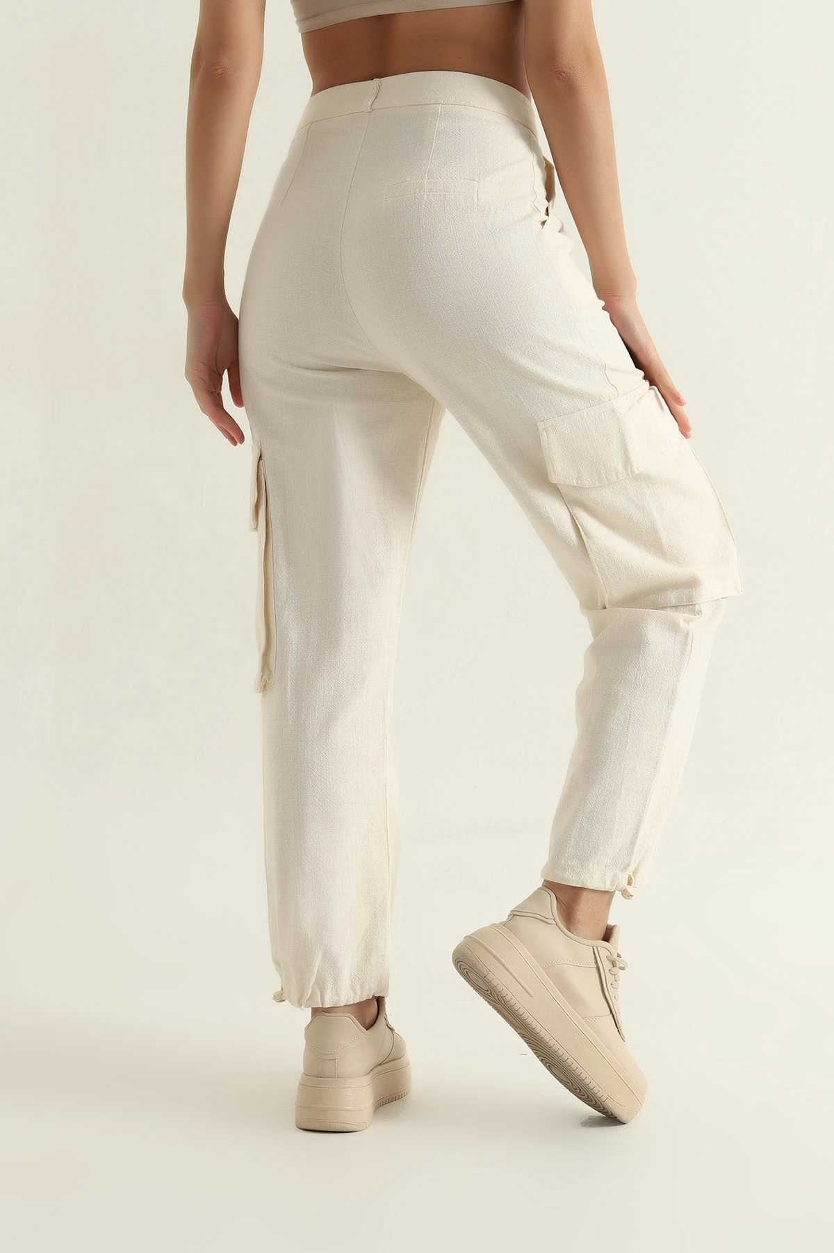 Krem Yağmur Gabardin Kadın Kargo Pantolon 361373