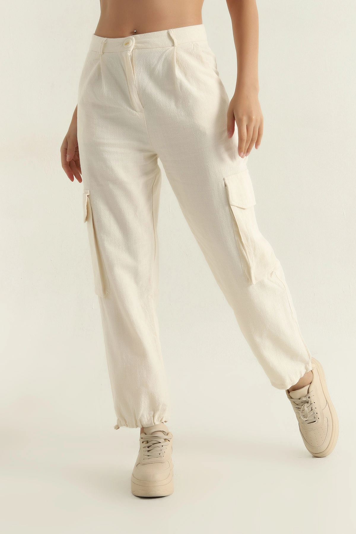Krem Yağmur Gabardin Kadın Kargo Pantolon 361373