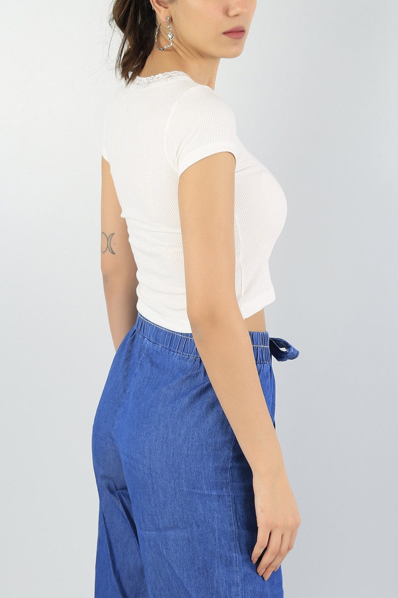 Krem Yakası Dantelli Bayan Likralı Crop 56779