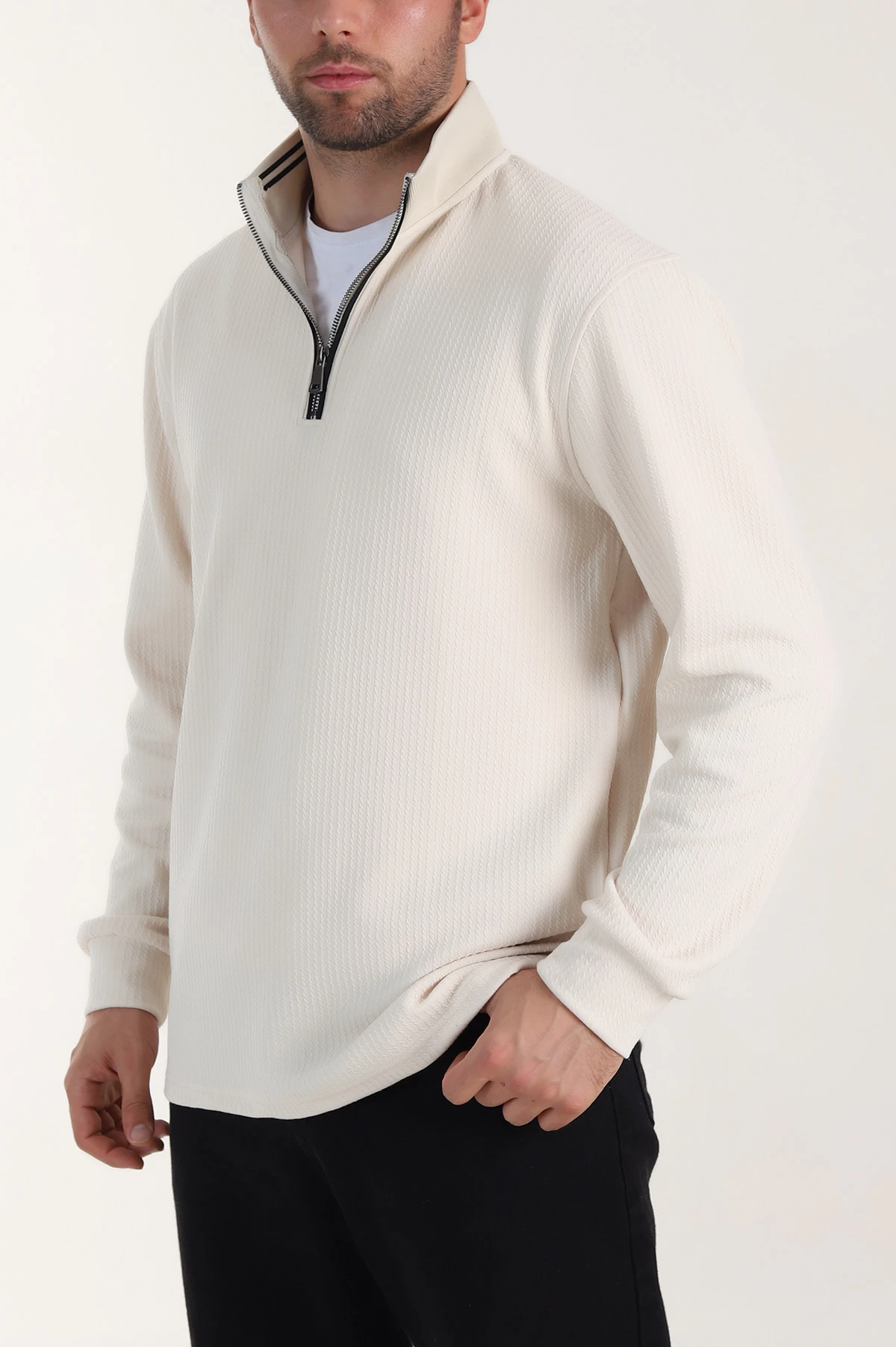 Krem Yarım Fermuarlı Polo Yaka Erkek Sweatshirt 410869
