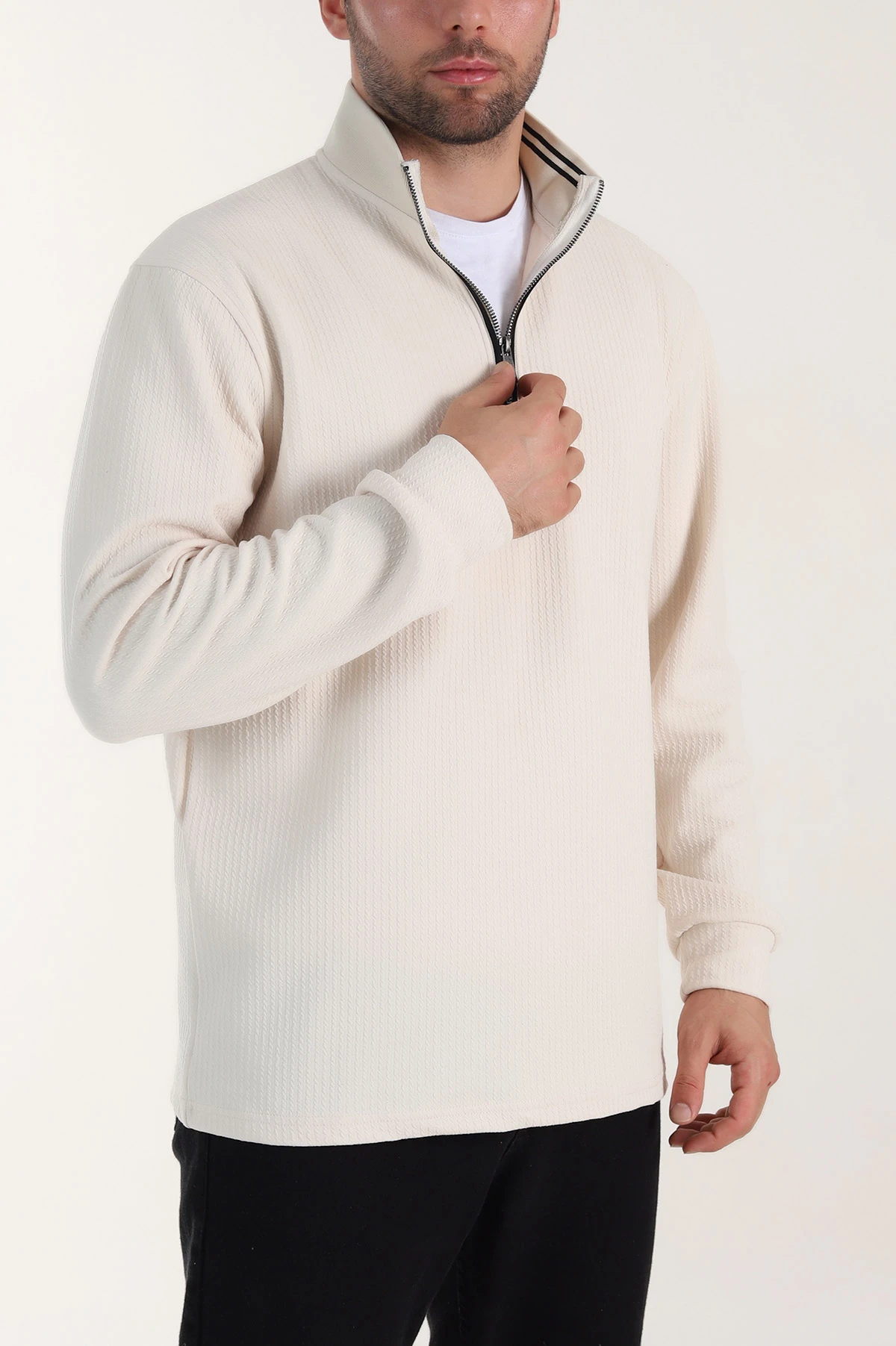 Krem Yarım Fermuarlı Polo Yaka Erkek Sweatshirt 410869