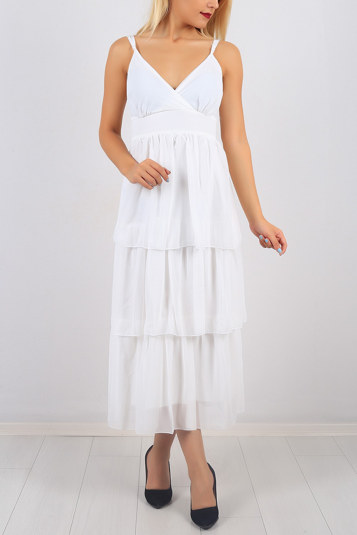 Kruvaze Yaka Beyaz Bayan Elbise Modeli 8695B