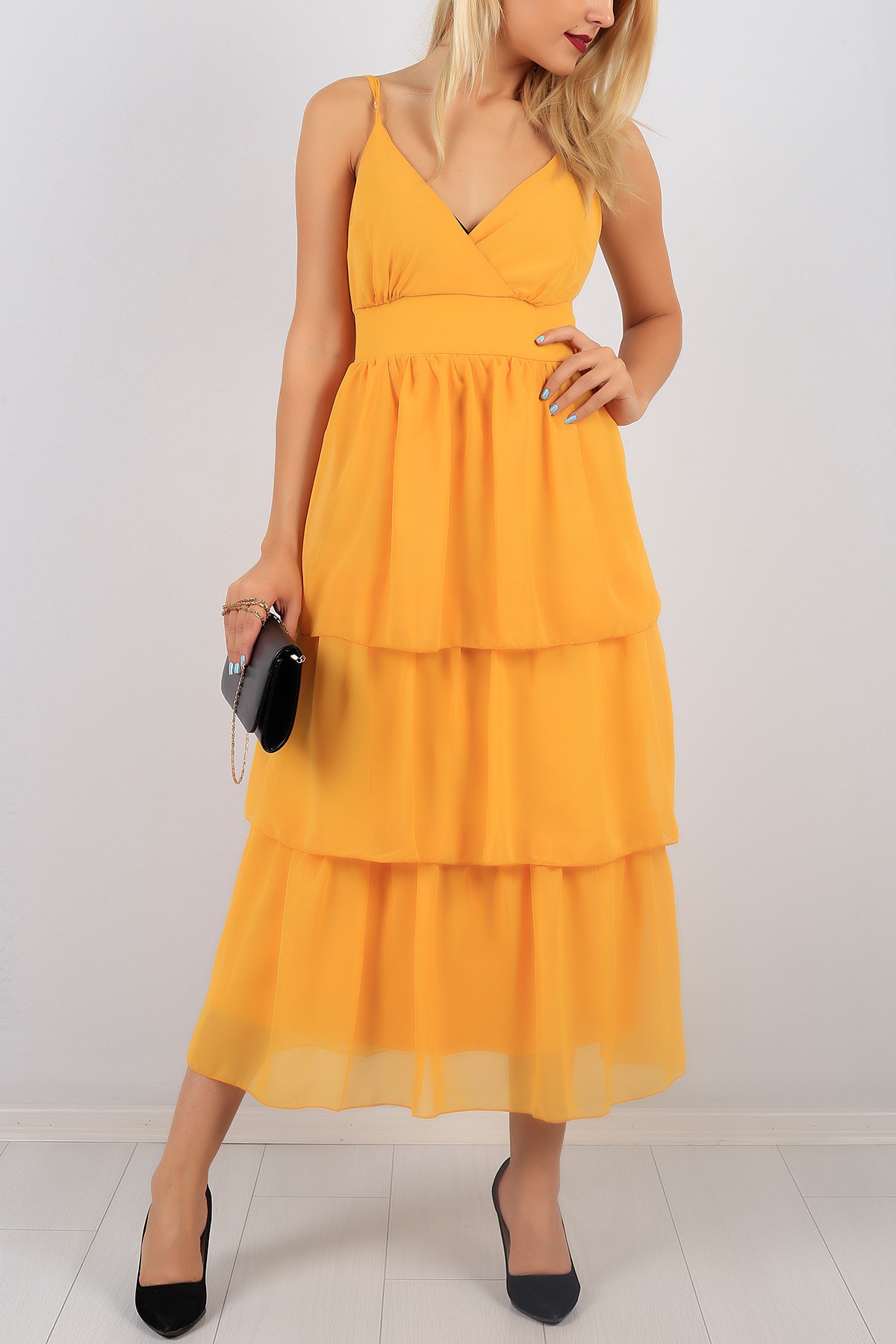 Kruvaze Yaka Hardal Bayan Elbise Modeli 8694B