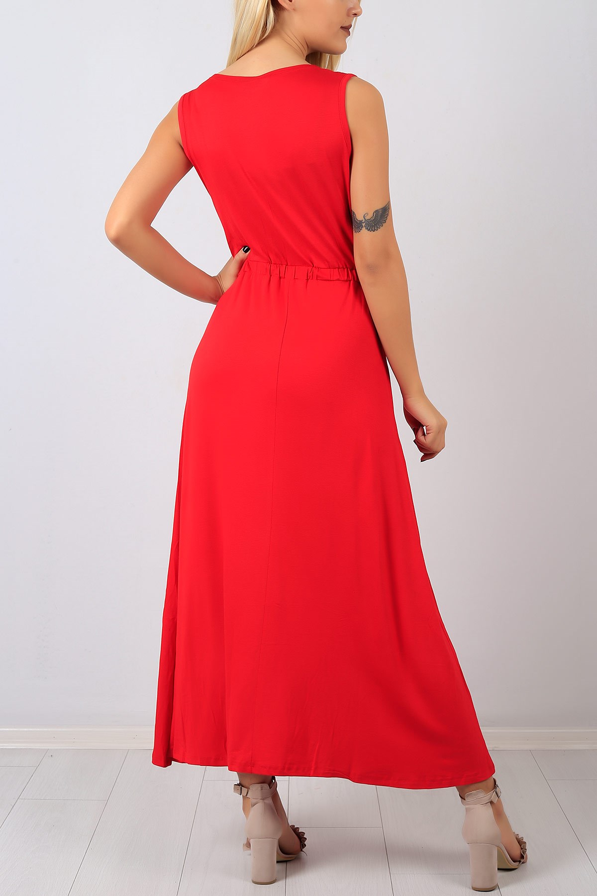 Kruvaze Yaka Kırmızı Bayan Elbise 8517B