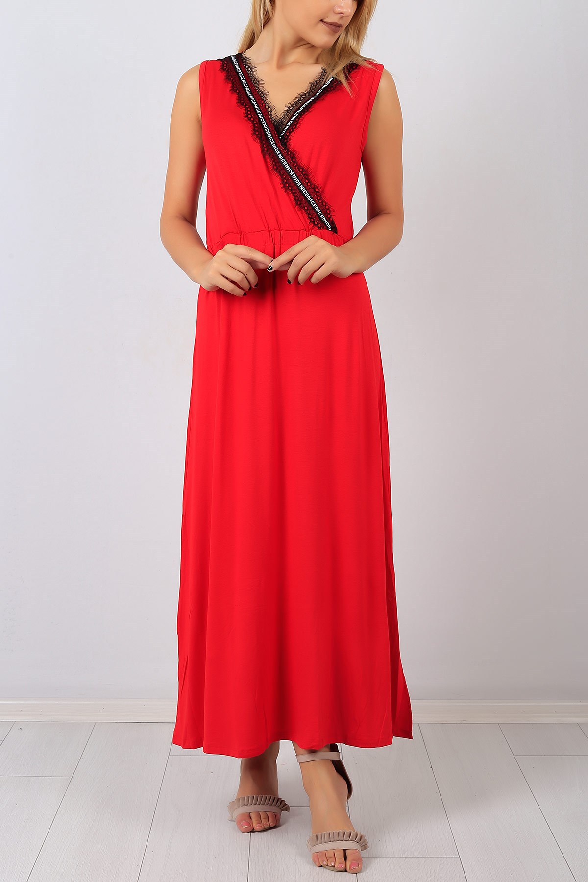 Kruvaze Yaka Kırmızı Bayan Elbise 8517B
