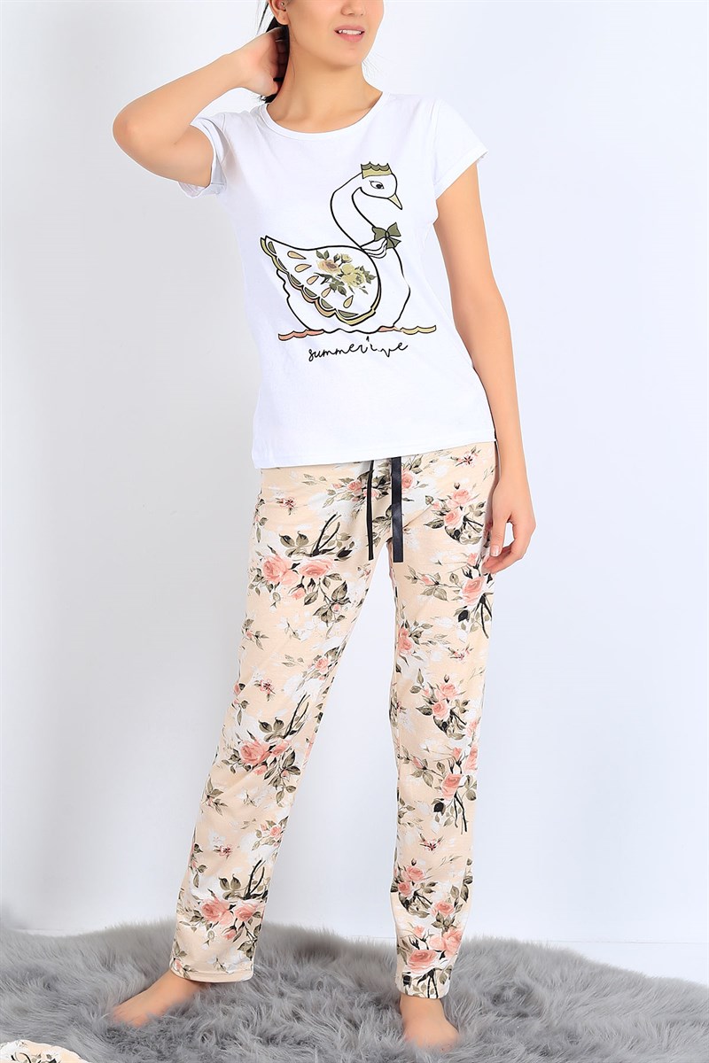 Kuğu Baskılı Beyaz Bej Pijama Takımı 25502B