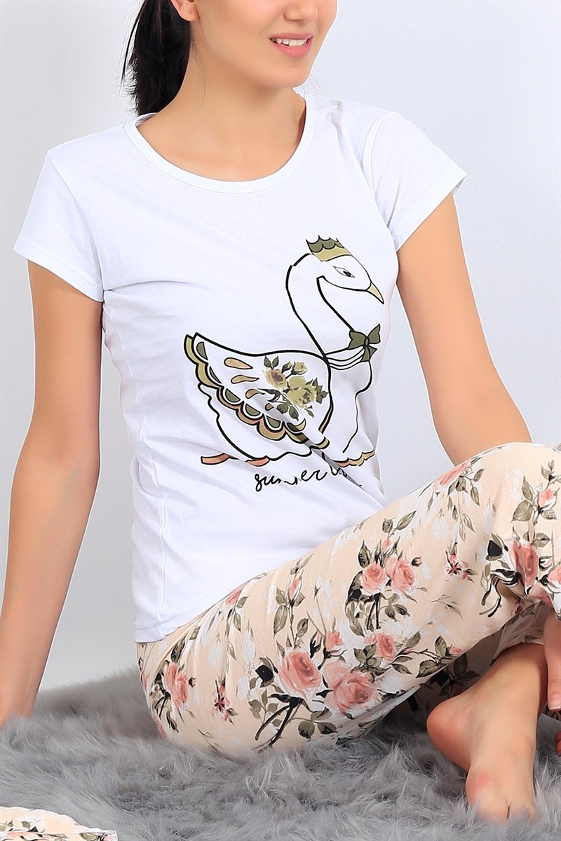 Kuğu Baskılı Beyaz Bej Pijama Takımı 25502B
