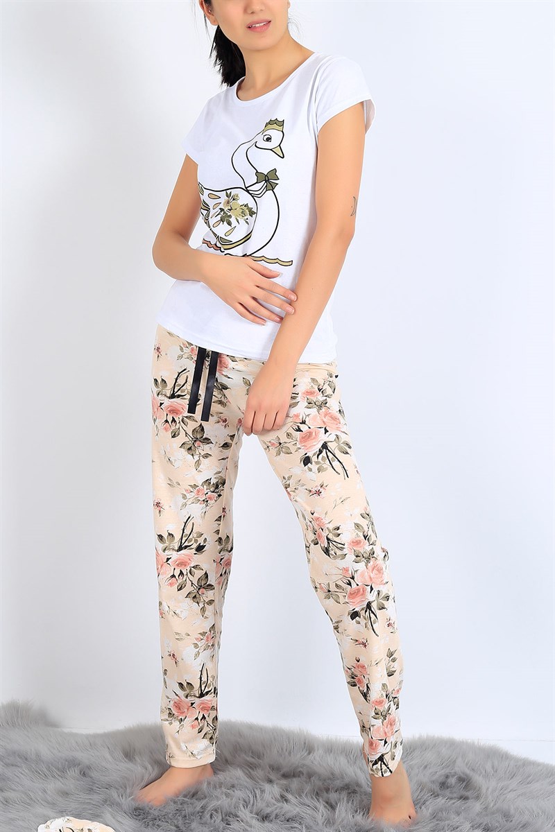 Kuğu Baskılı Beyaz Bej Pijama Takımı 25502B