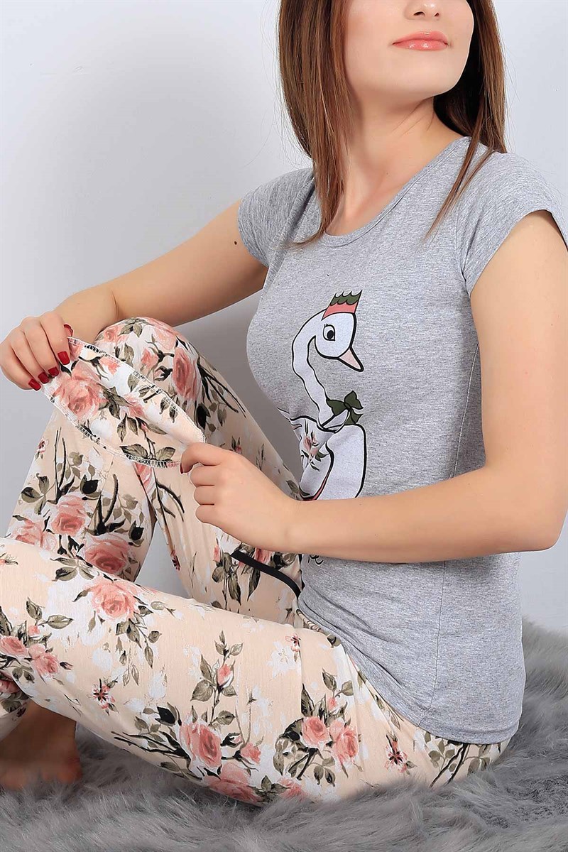 Kuğu Baskılı Gri Bej Pijama Takımı 25980B