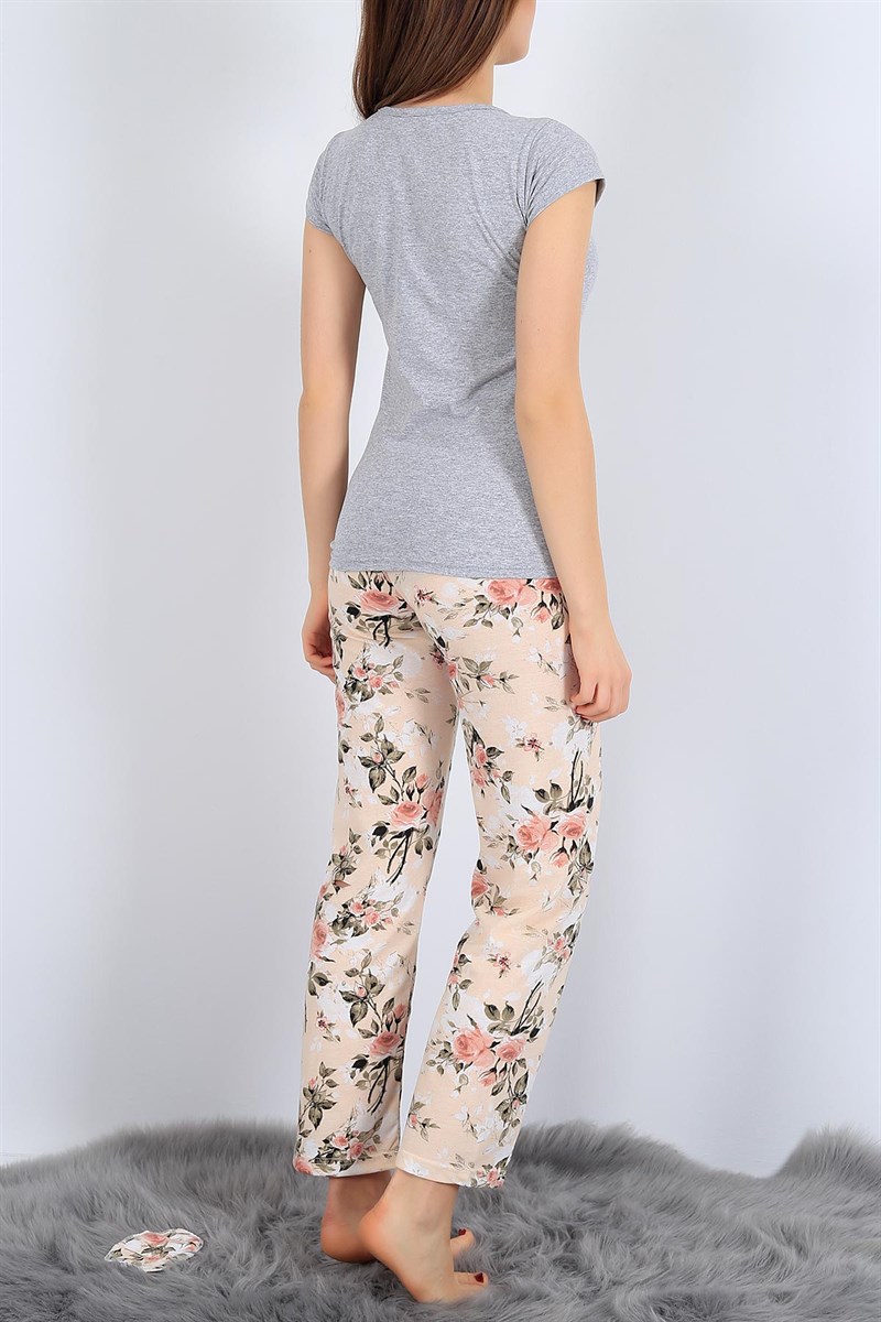 Kuğu Baskılı Gri Bej Pijama Takımı 25980B