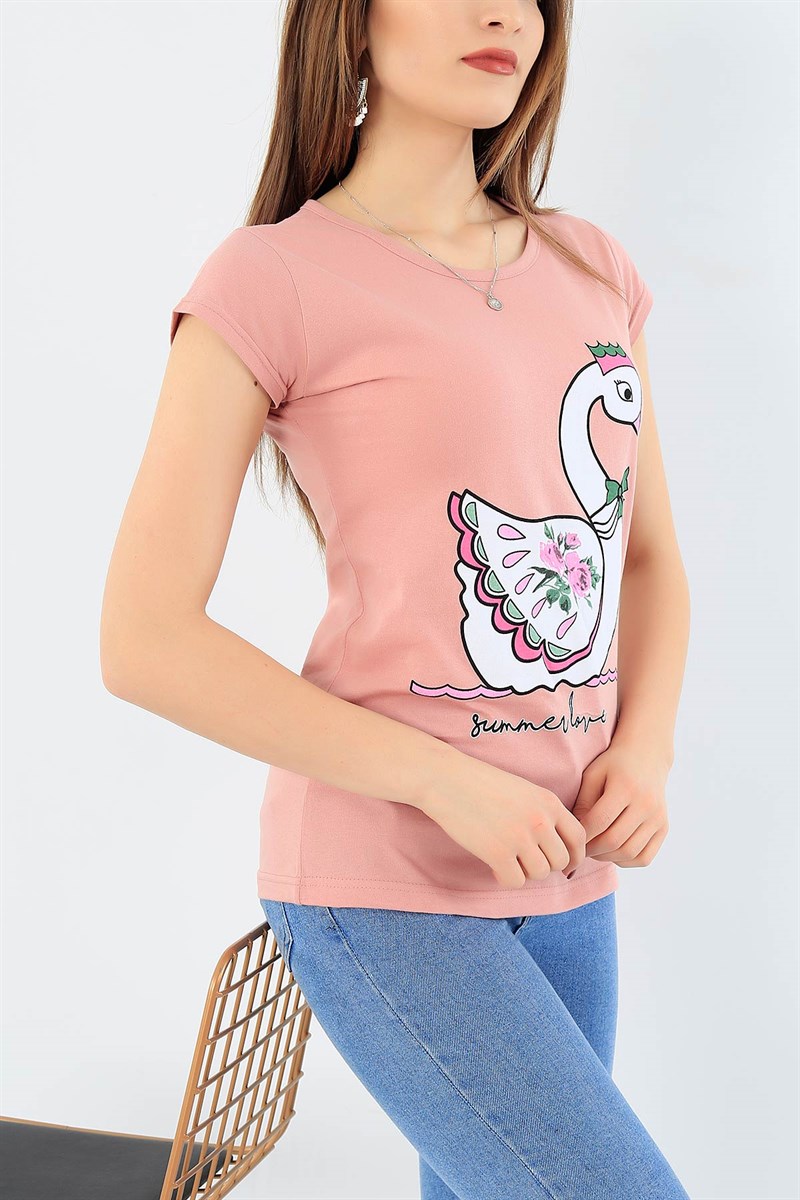 Kuğu Baskılı Gül Kurusu Bayan Tişört 29243B