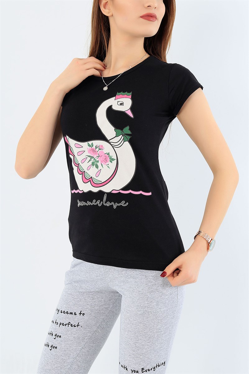 Kuğu Baskılı Siyah Bayan Tişört 29239B