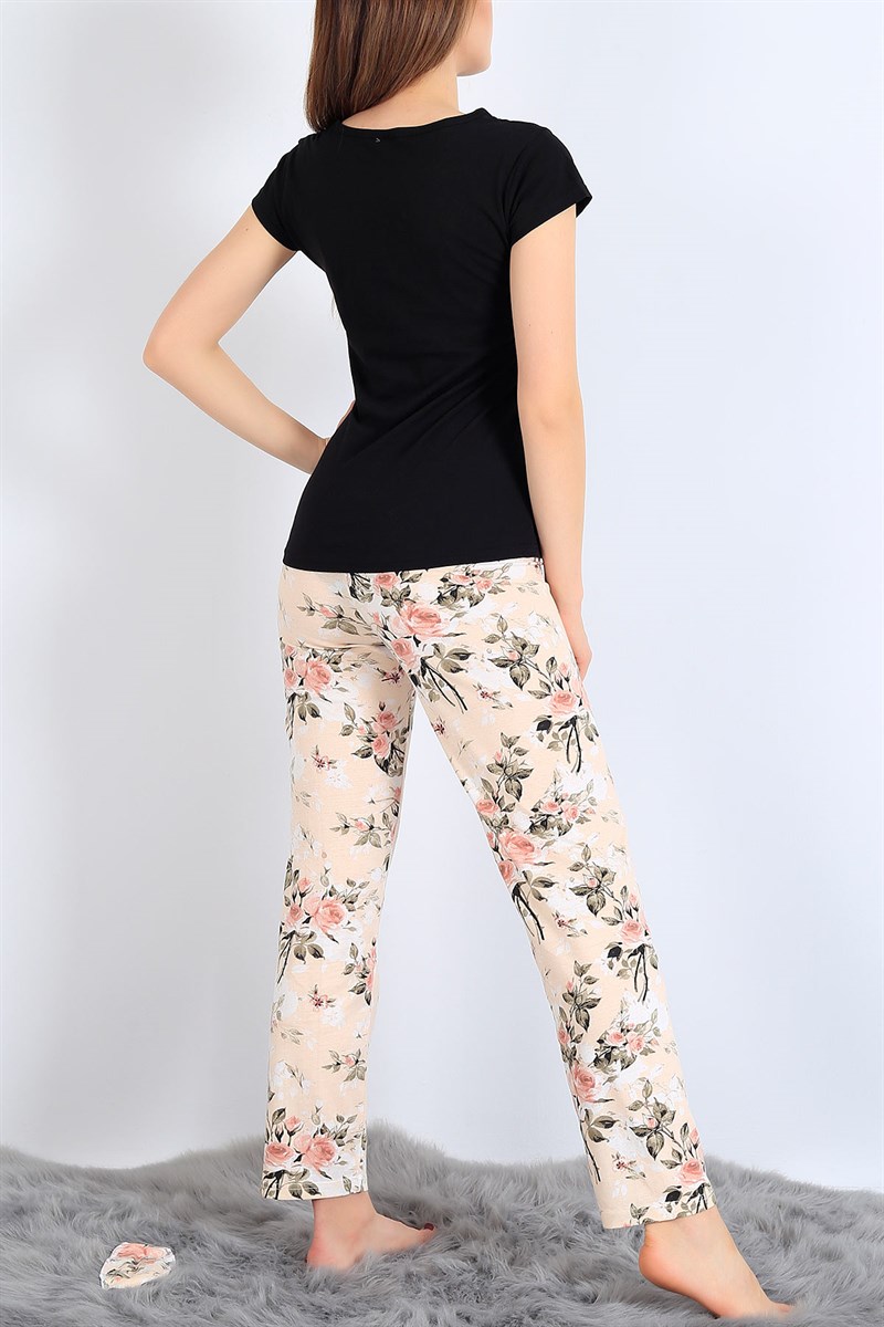 Kuğu Baskılı Siyah Bej Pijama Takımı 25504B
