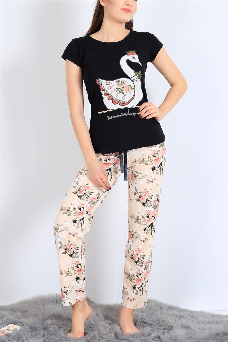Kuğu Baskılı Siyah Bej Pijama Takımı 25504B