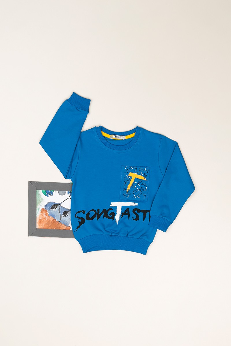 Lacivert ( 1-4 Yaş) Cepli Baskılı İçi Şardonlu Erkek Çocuk Sweatshirt 82533