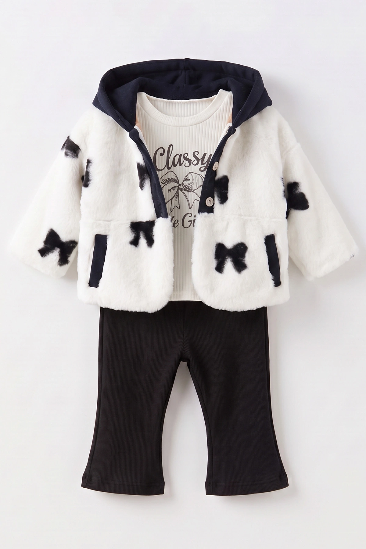 Lacivert (1-4 Yaş) Kapüşonlu Peluş Montlu Fitilli Badili Kız Çocuk&Bebek 3'lü Takım 490185