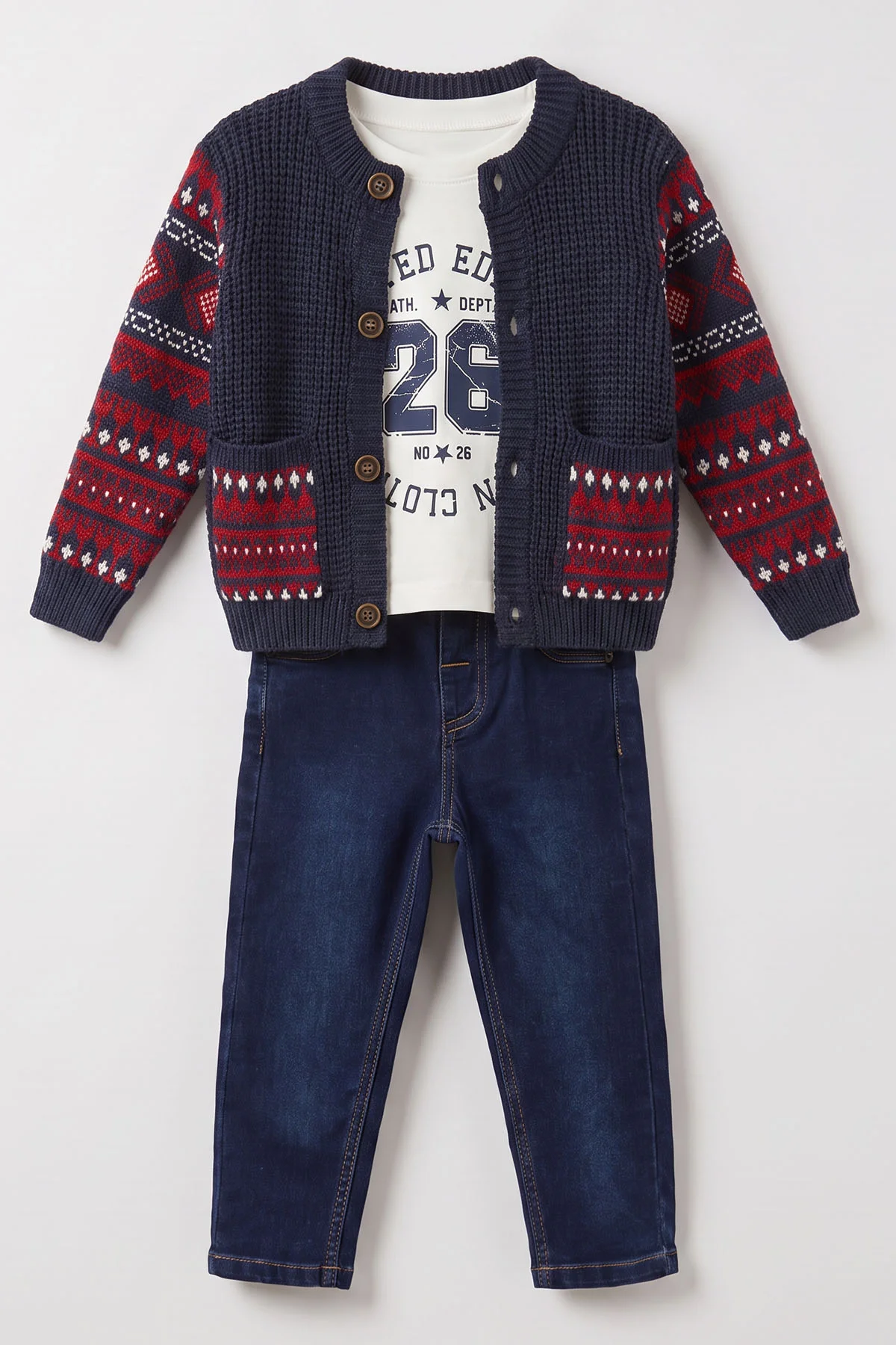 Lacivert (1-5 Yaş) Baskılı Badili Kilim Desenli Triko Hırkalı Kot Pantolonlu Erkek Çocuk 3'lü Takım 500991