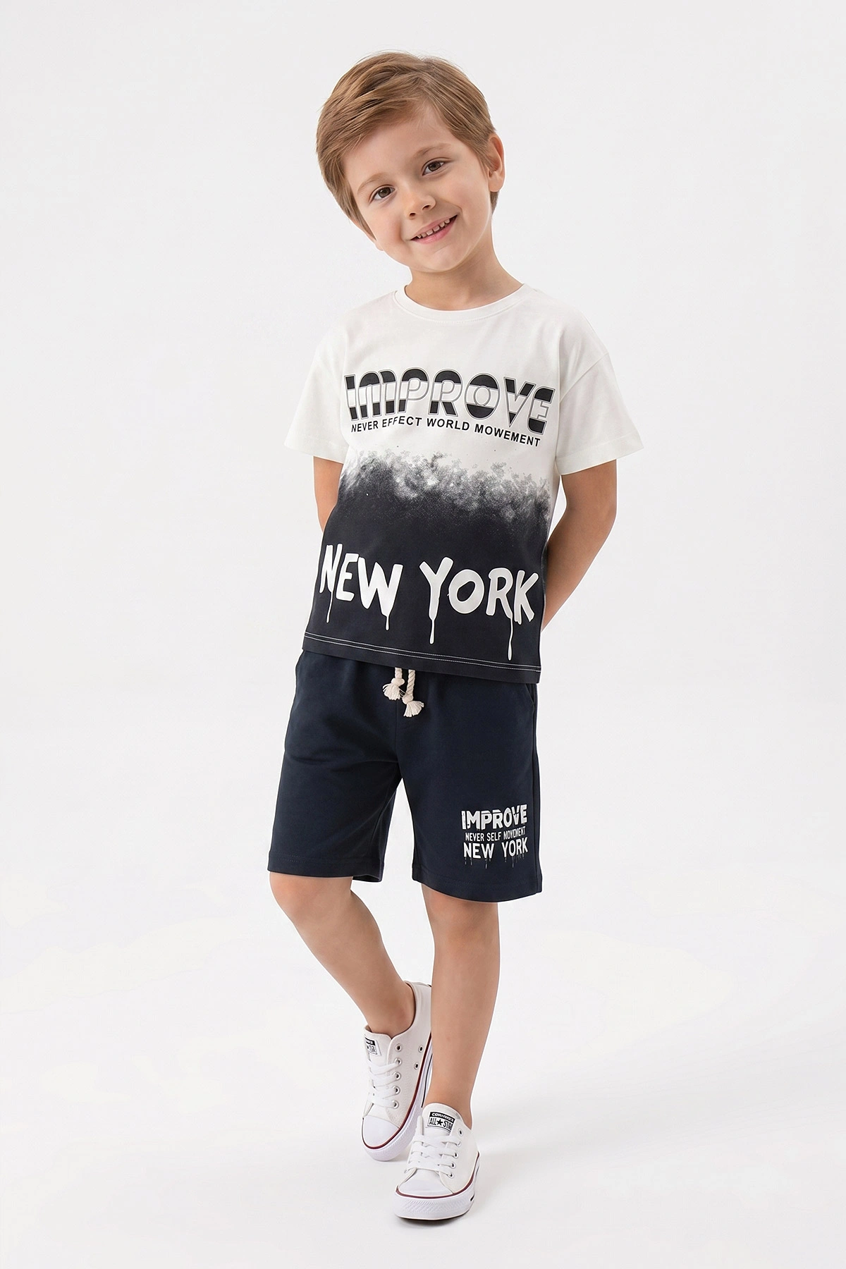 Lacivert (1-9 Yaş) New York Baskılı Tişörtlü ve Şortlu Erkek Çocuk Yazlık Takım 463139