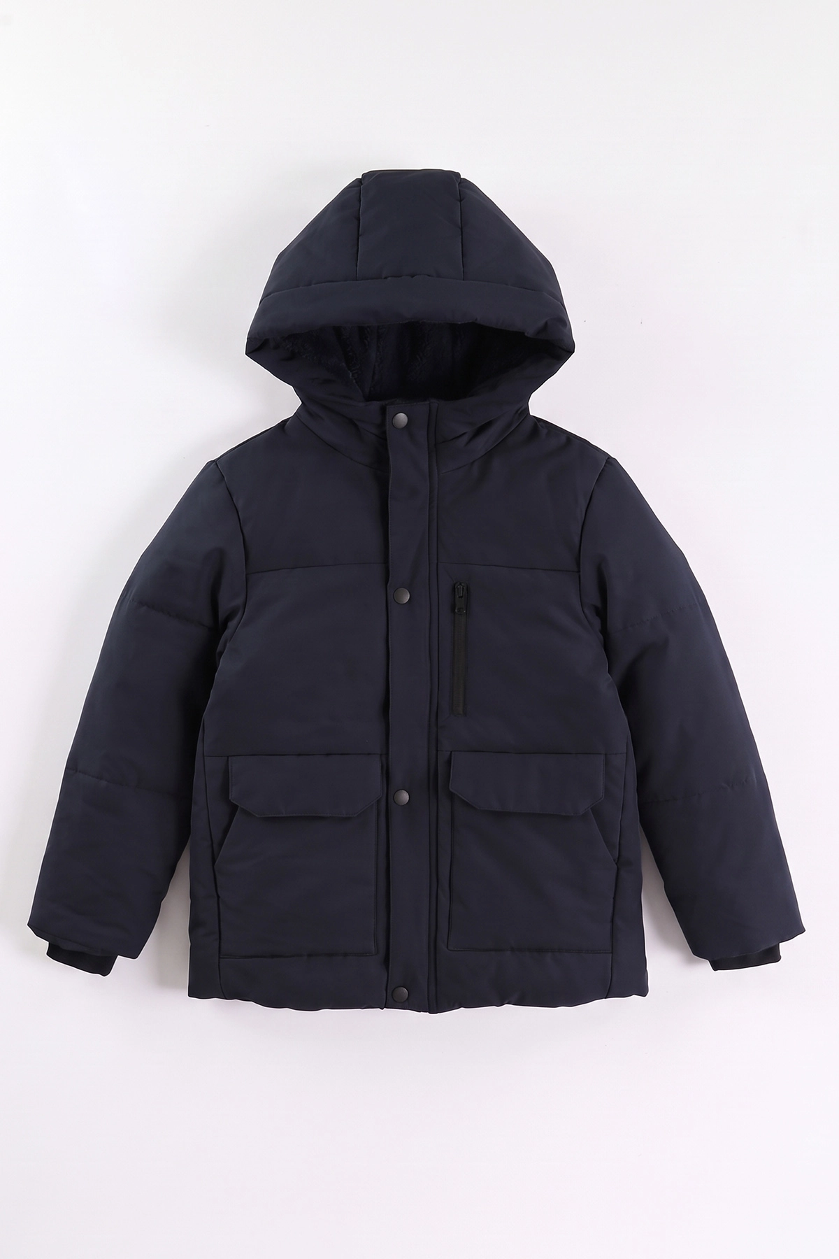 Lacivert (10-14 Yaş) Kapüşonlu İçi Kürklü Erkek Çocuk Mont 499759