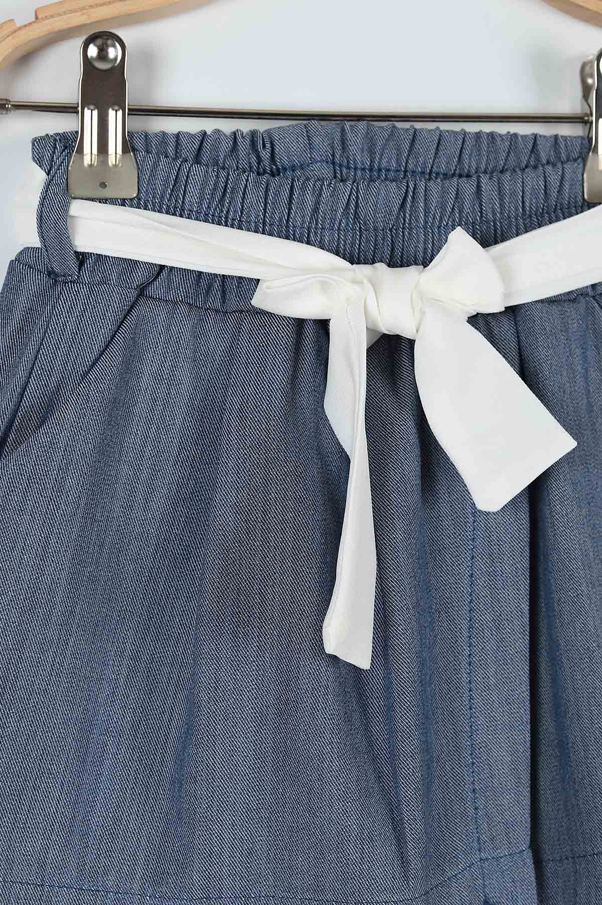 Lacivert (10-14 Yaş) Kuşaklı Çizgi Kumaşlı Kız Çocuk Şort 183818