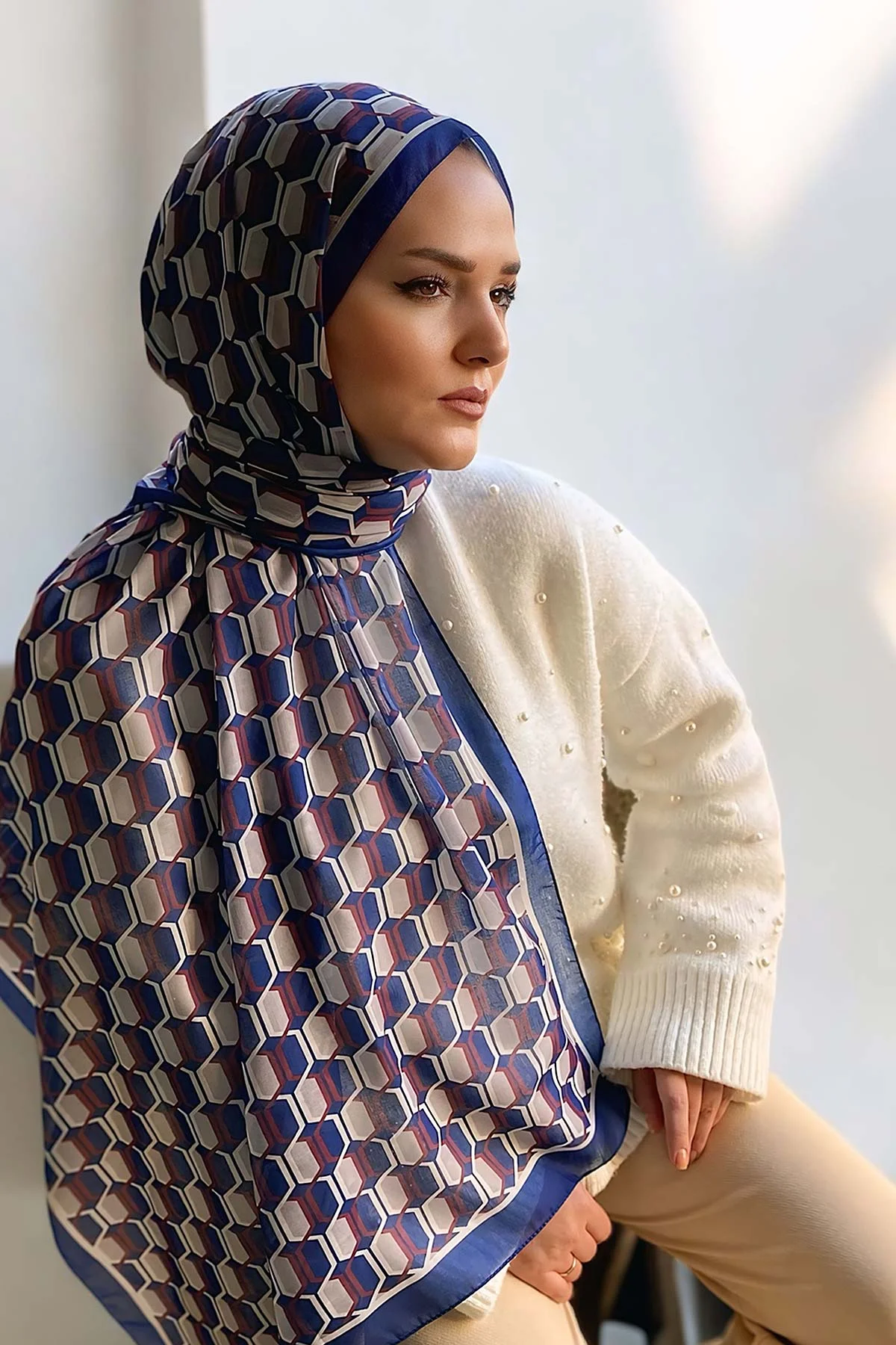 Lacivert 180X70 cm Dijital Baskı Chaıne Desenli Pamuk Şal 334187