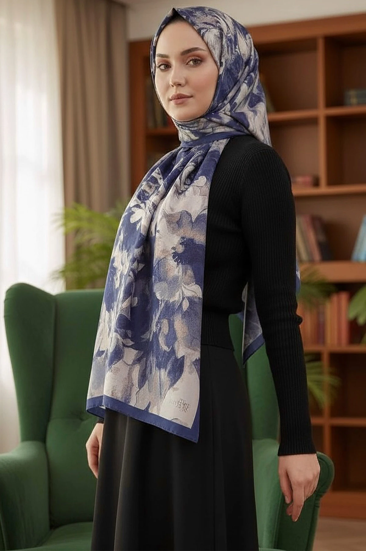 Lacivert 180X70 cm Dijital Baskı Luna Desenli Pamuk Şal 420487