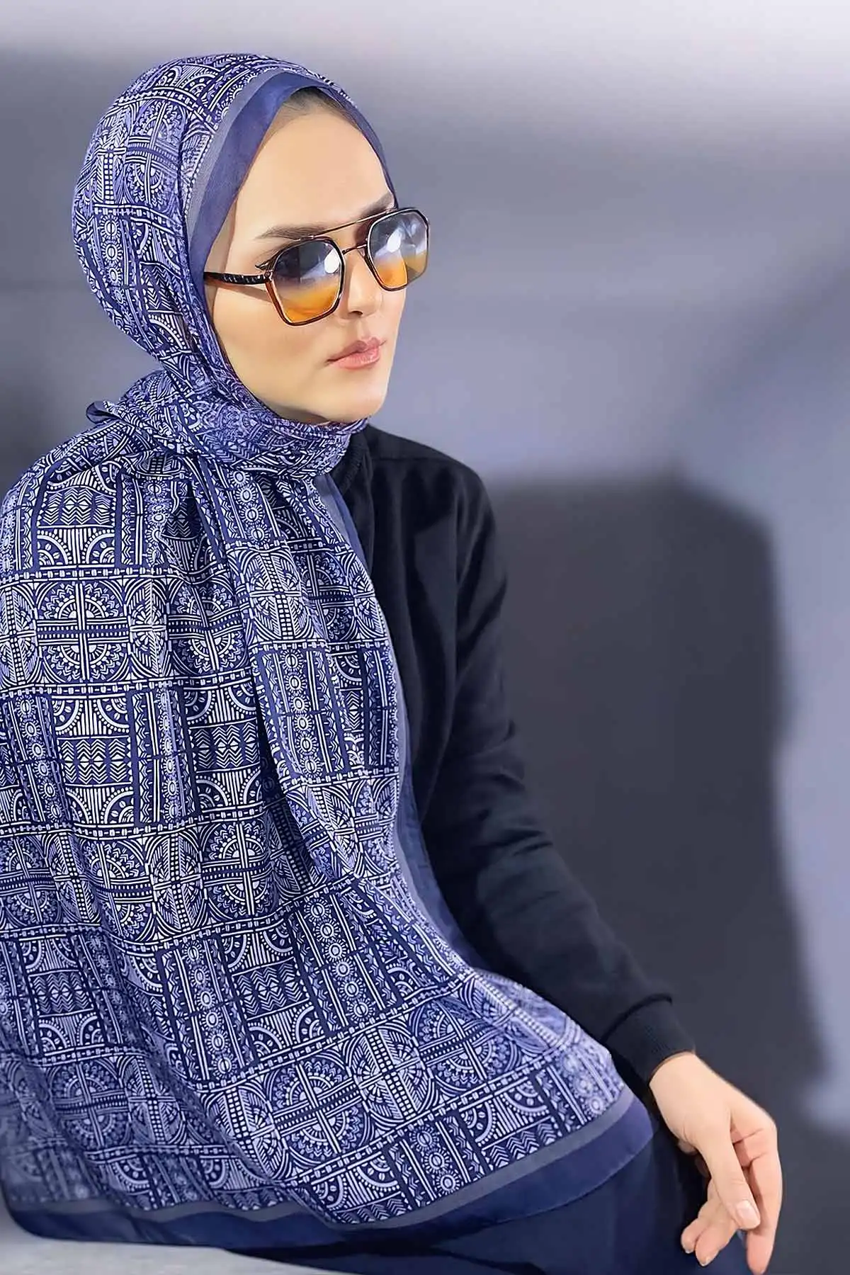 Lacivert 180X70 cm Dijital Baskı Retro Desenli Pamuk Şal 335048