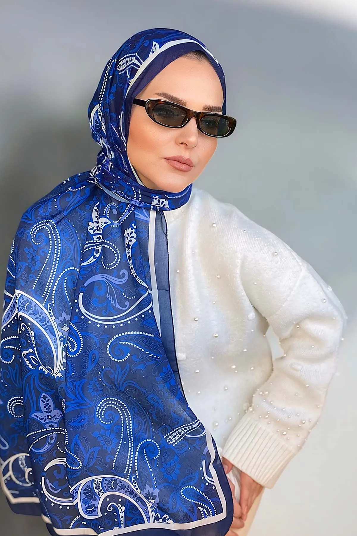 Lacivert 180X70 cm Dijital Baskı Shıne Desenli Pamuk Şal 333503