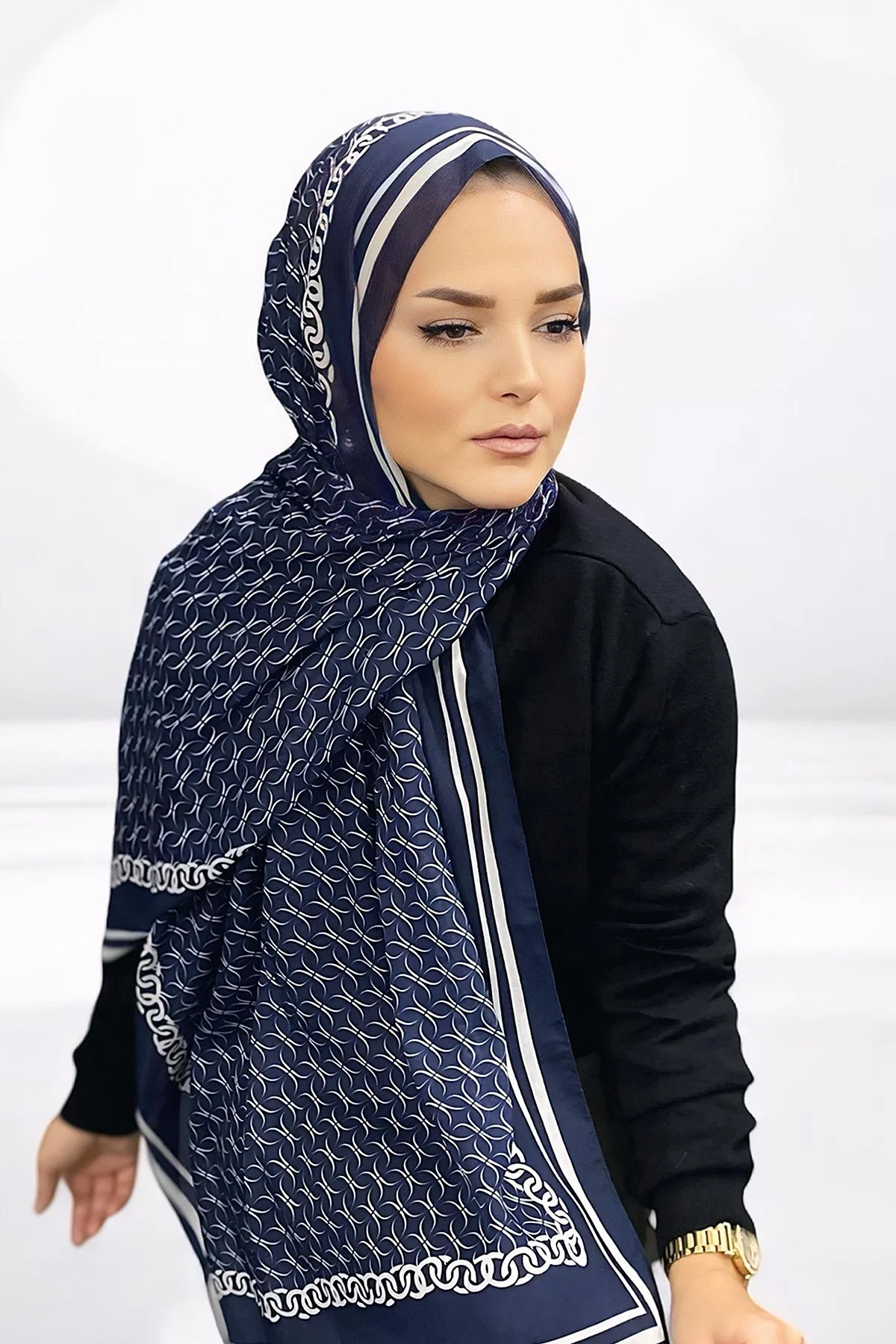 Lacivert 180X70 cm Dijital Baskı Zincir Desenli Pamuk Şal 332915