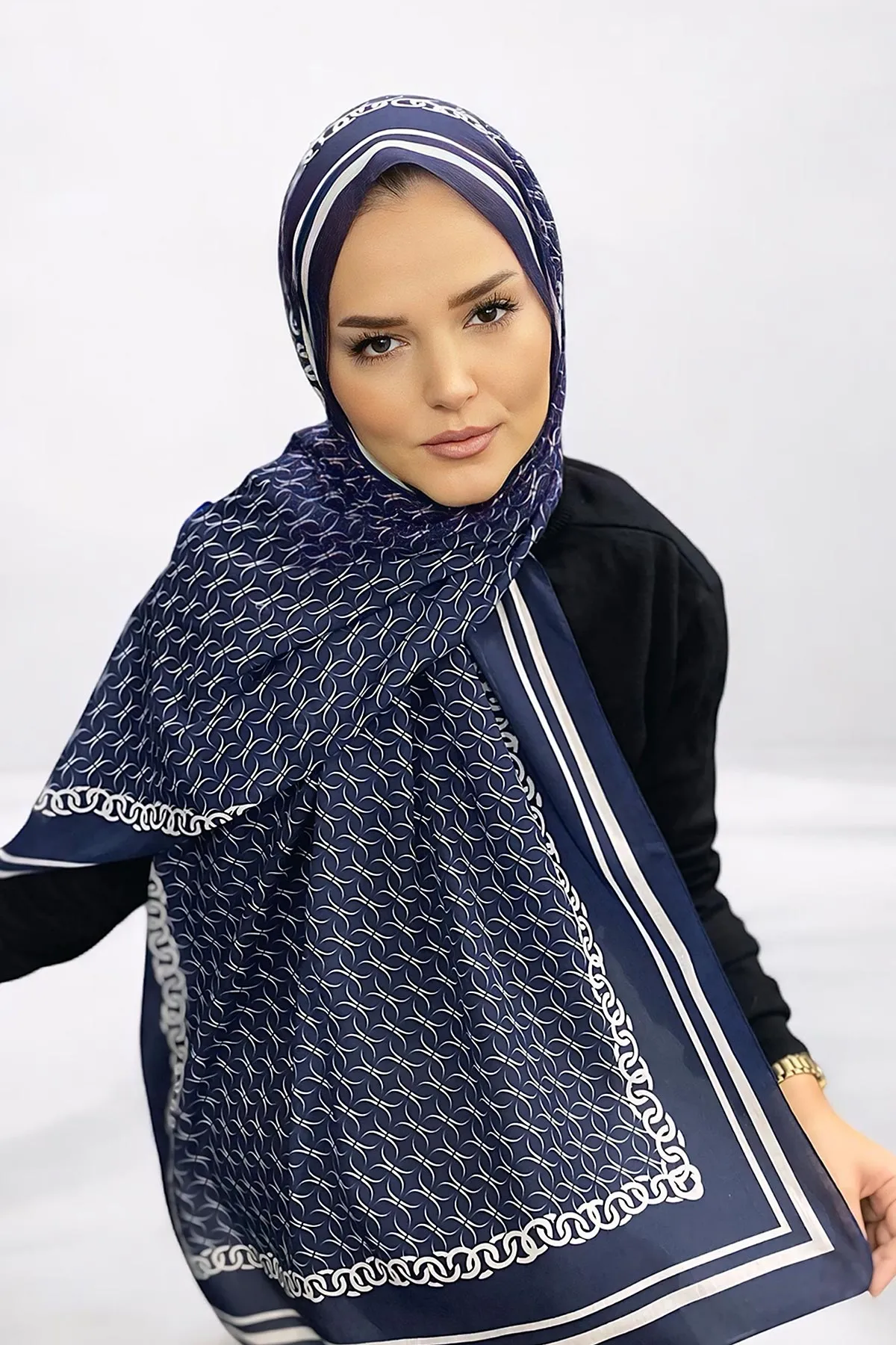 Lacivert 180X70 cm Dijital Baskı Zincir Desenli Pamuk Şal 332915