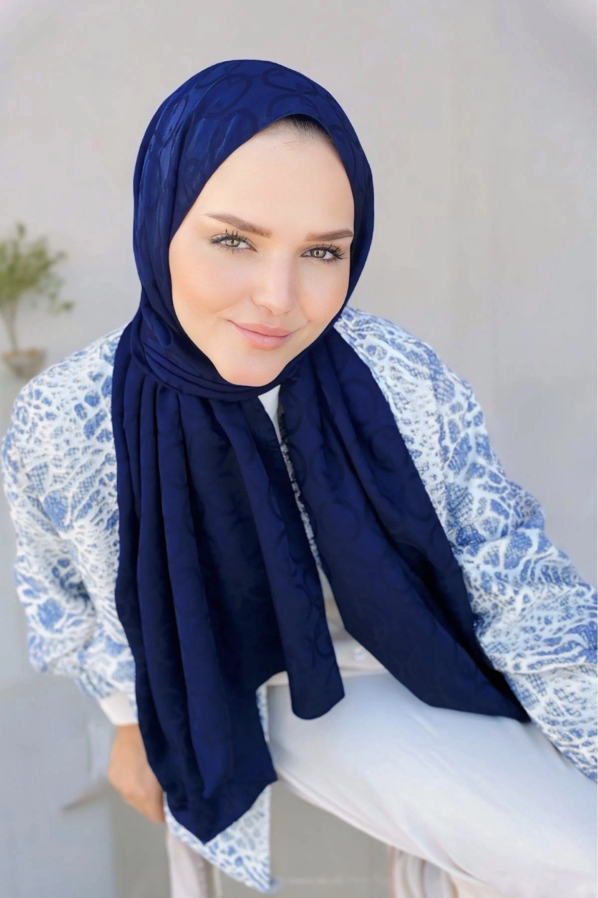 Lacivert 180x70 Jakar İpeksi Karo Desen Şal 285185