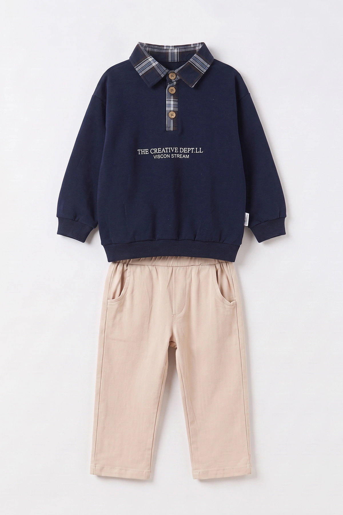 Lacivert (2-6 Yaş) Ekose Yakalı Nakışlı Gömlek Yaka 2 İp Sweatli Gabardin Pantolonlu Erkek Çocuk Takım 497255