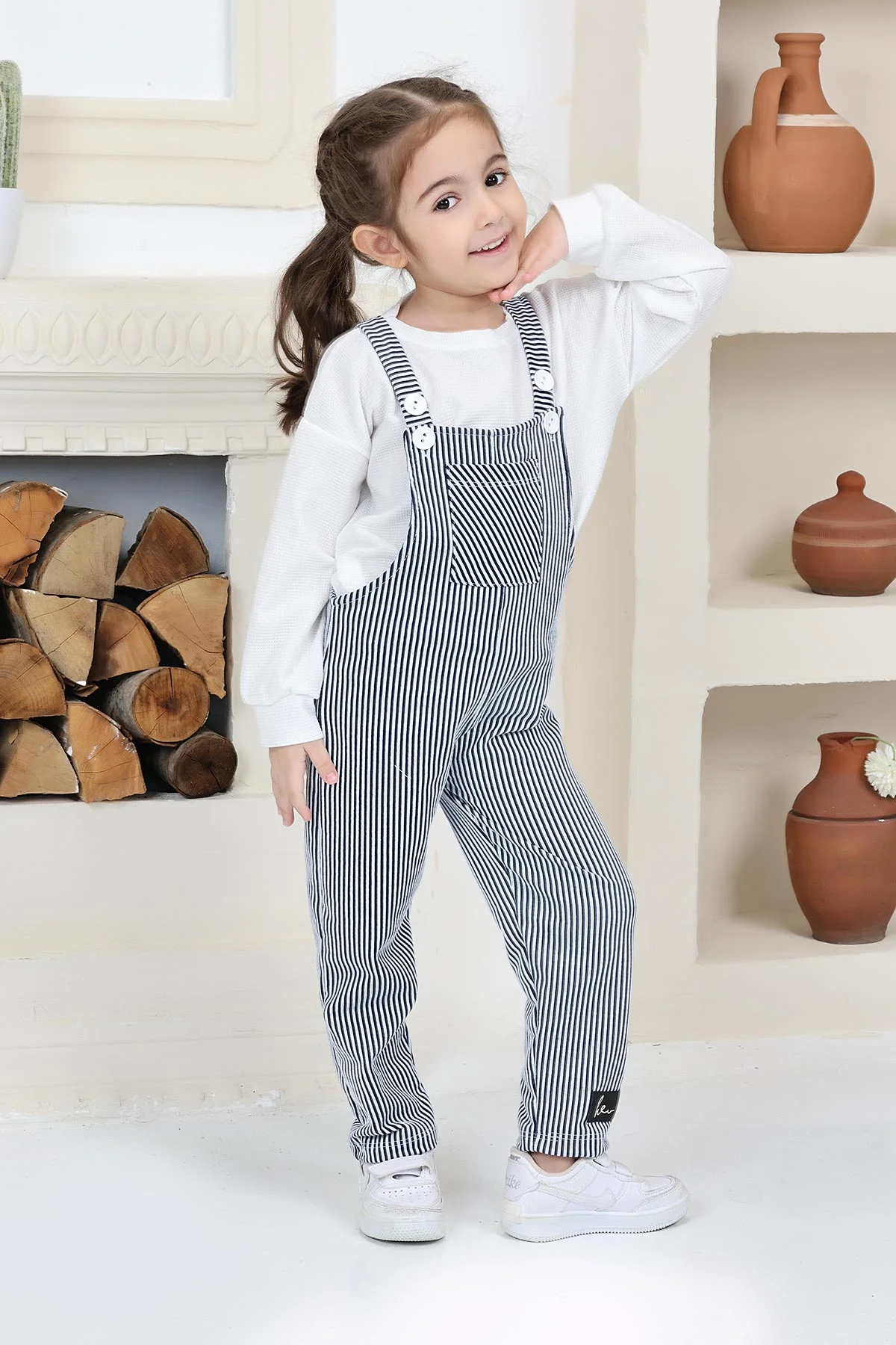 Lacivert (2-8 Yaş)Çizgili Badili Kız Çocuk Salopet Tulum 337456
