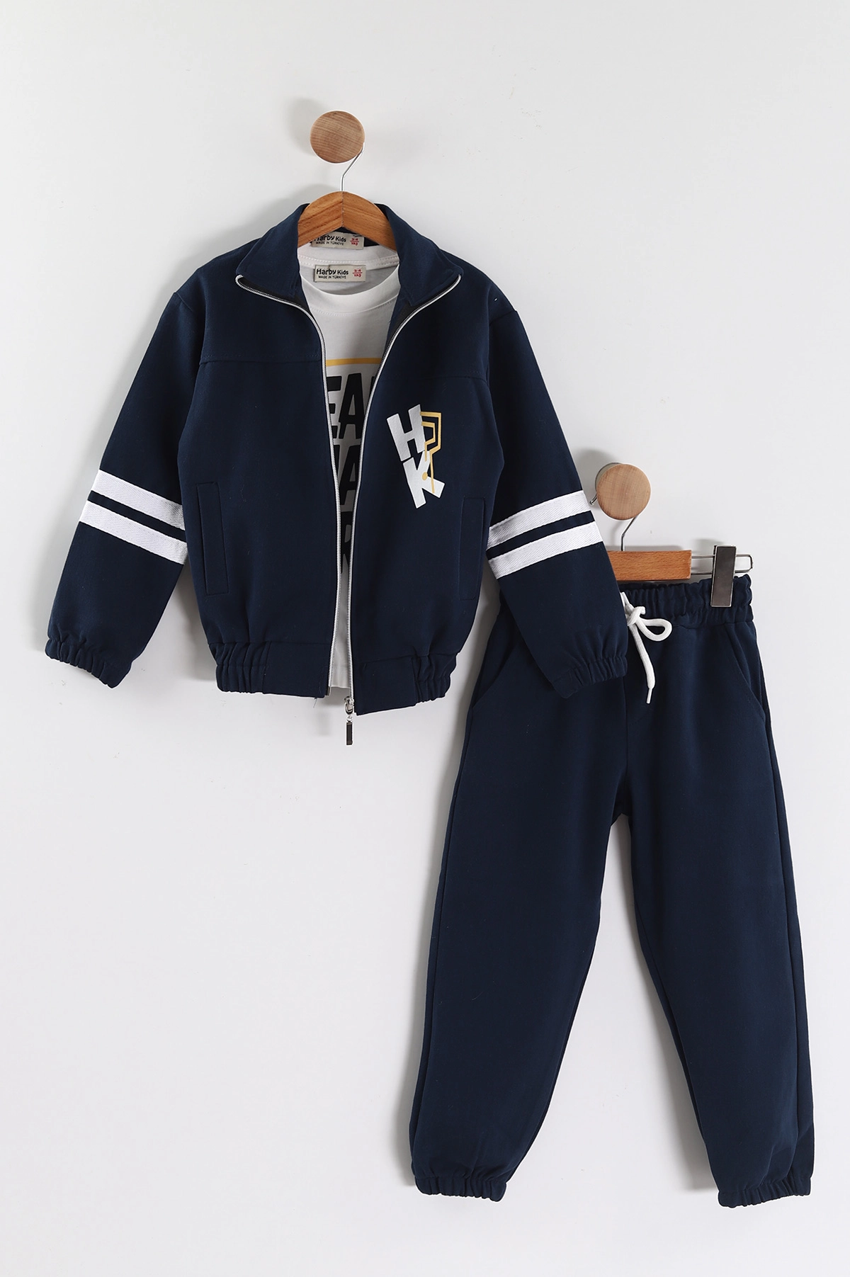 Lacivert (3-10 Yaş)Şeritli Fermuarlı Ceketli Gabardin Erkek Çocuk 3'lü  Takım 443385