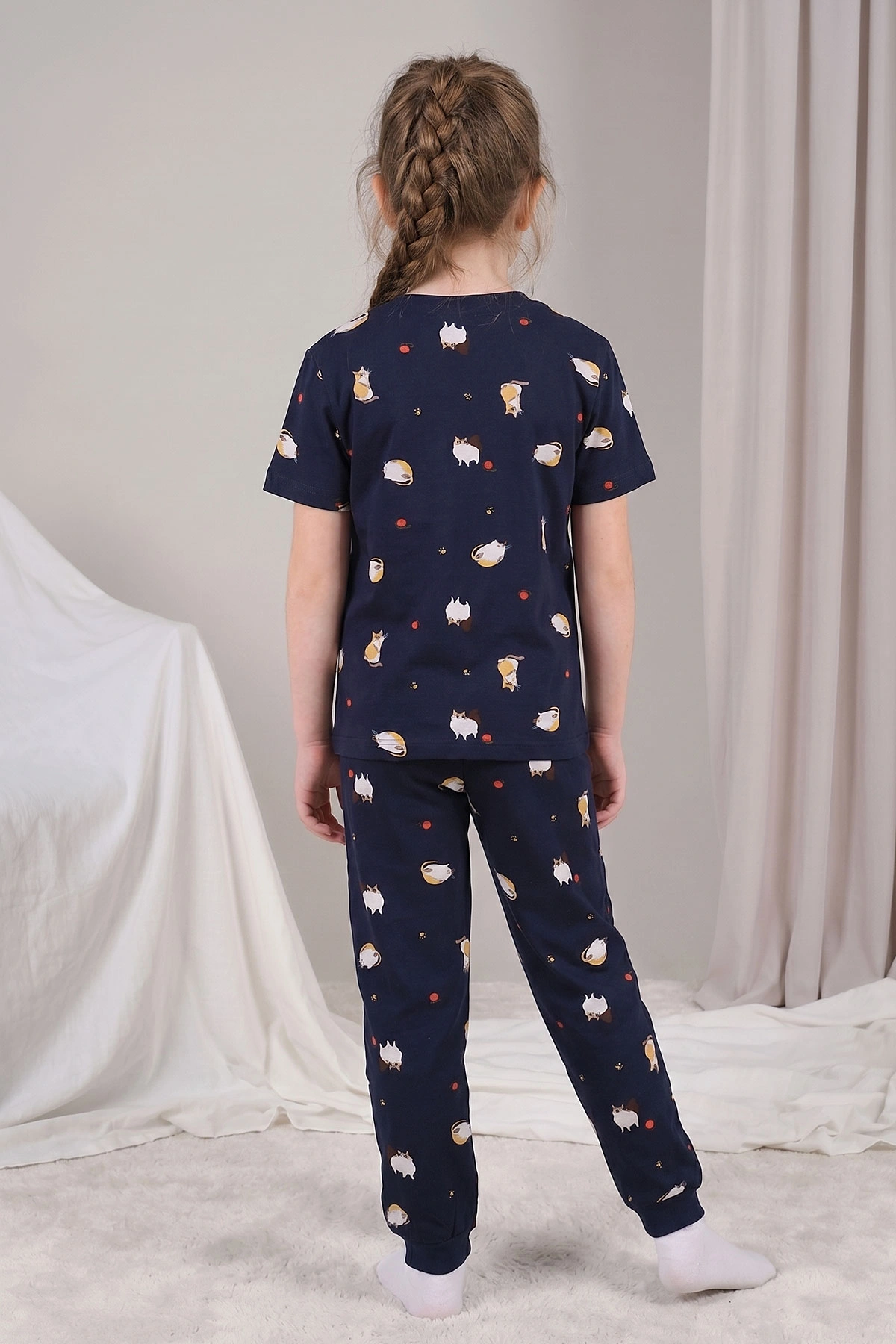 Lacivert (3-12 Yaş)Kedi Desenli Kız Çocuk Pijama Takımı 461472