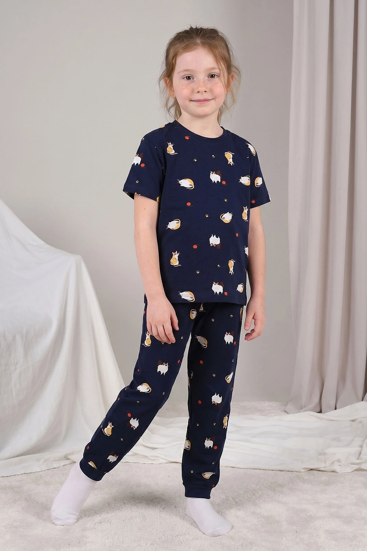 Lacivert (3-12 Yaş)Kedi Desenli Kız Çocuk Pijama Takımı 461472