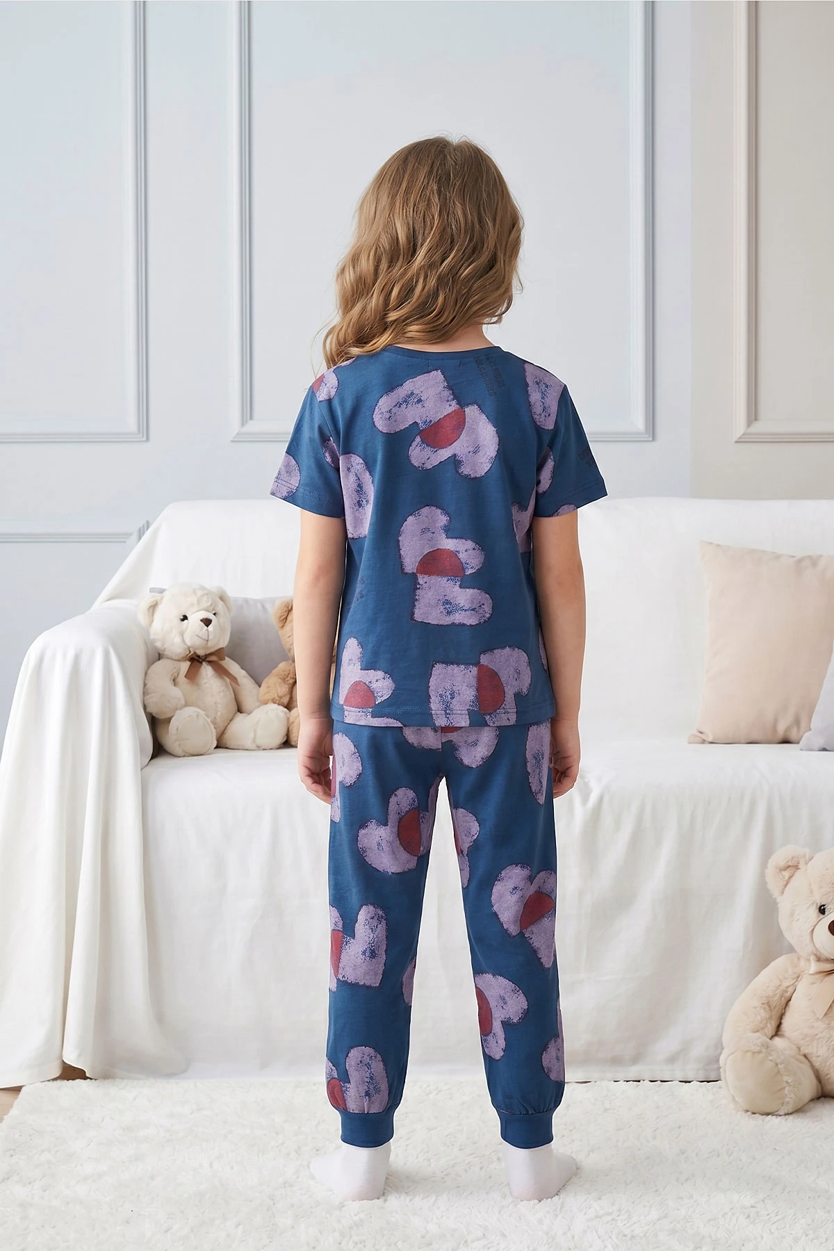Lacivert (3-8 Yaş)Kalp Desenli Kız Çocuk Pijama Takımı 461489