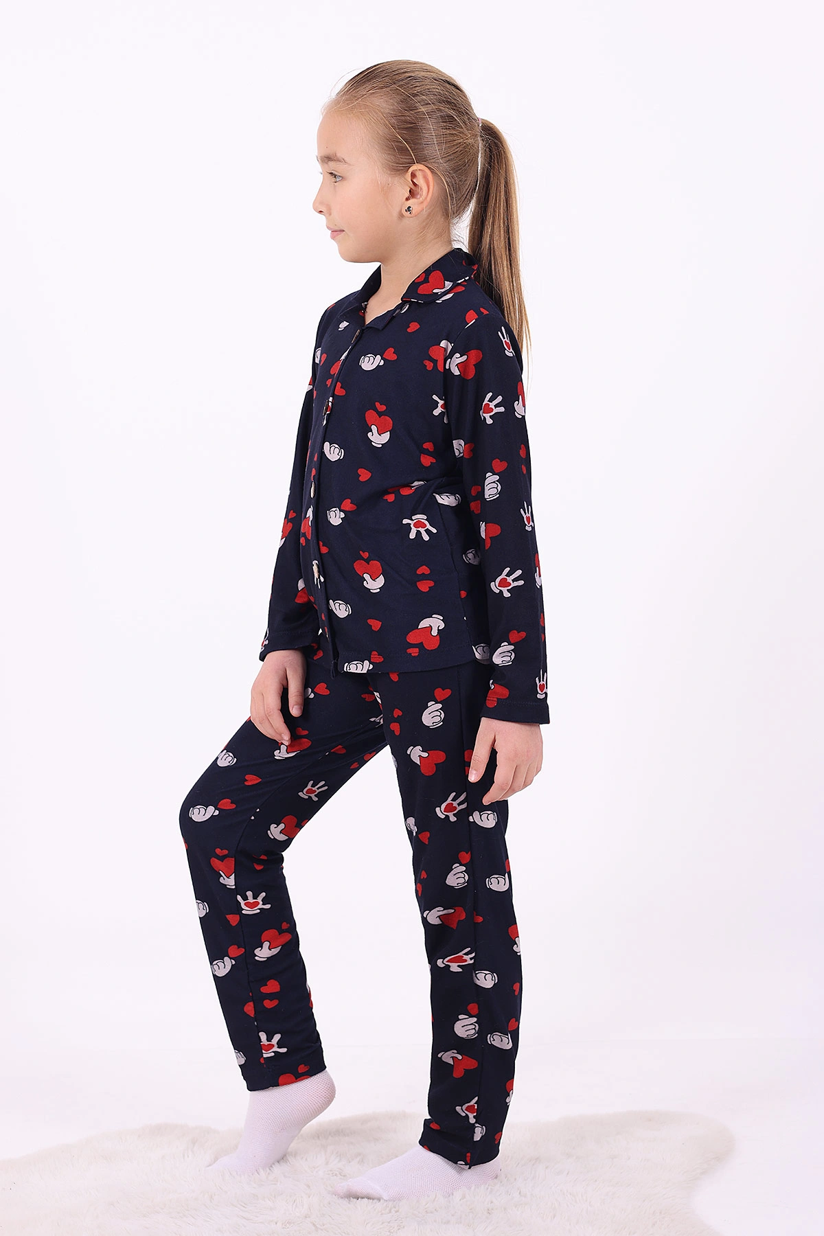 Lacivert (4-12 Yaş)Kalp Desenli Düğmeli Kız Çocuk Pijama Takımı 329809