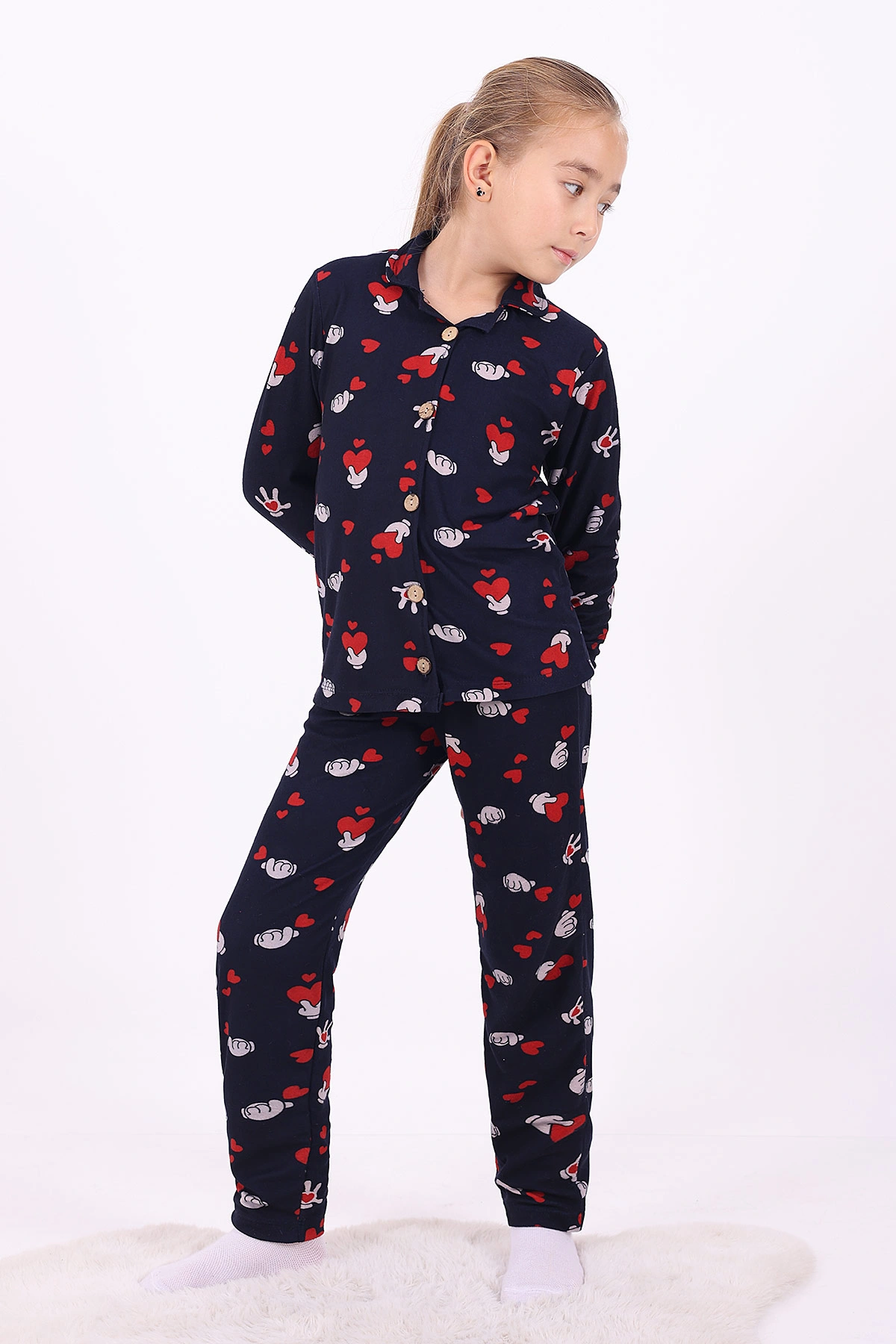 Lacivert (4-12 Yaş)Kalp Desenli Düğmeli Kız Çocuk Pijama Takımı 329809