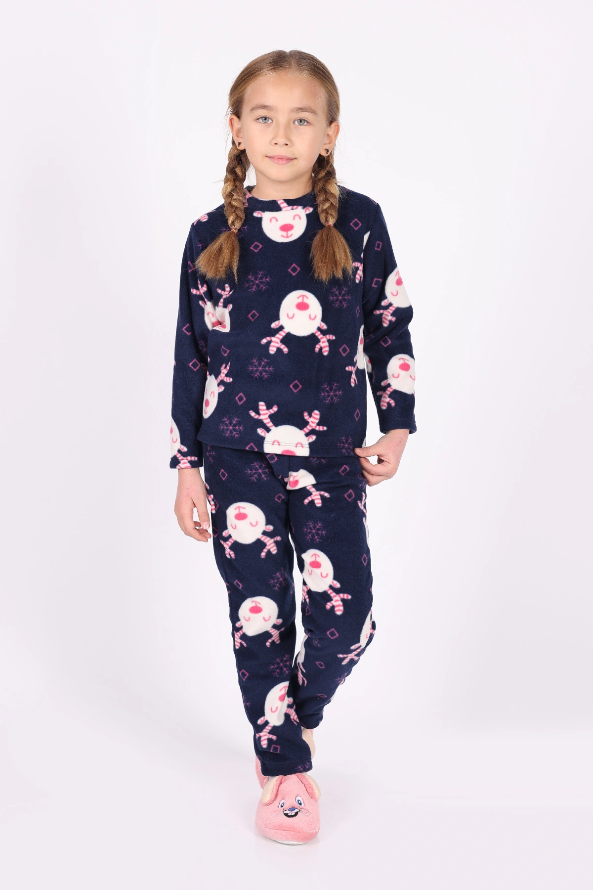 Lacivert (4-12 Yaş)Kar Tanesi  Desenli Polar Kumaş Kız Çocuk Pijama Takımı 327469