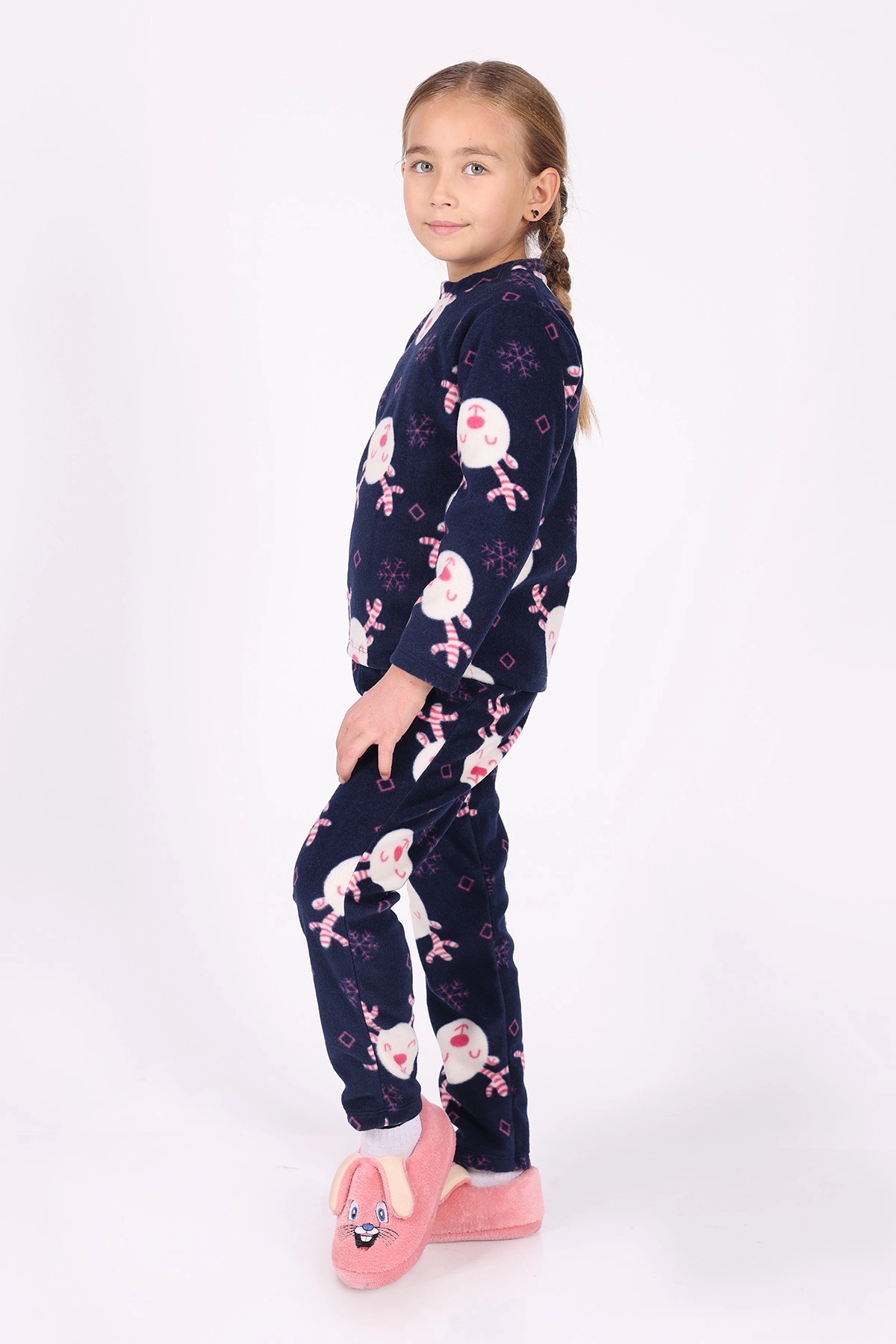 Lacivert (4-12 Yaş)Kar Tanesi Desenli Polar Kumaş Kız Çocuk Pijama Takımı 327469