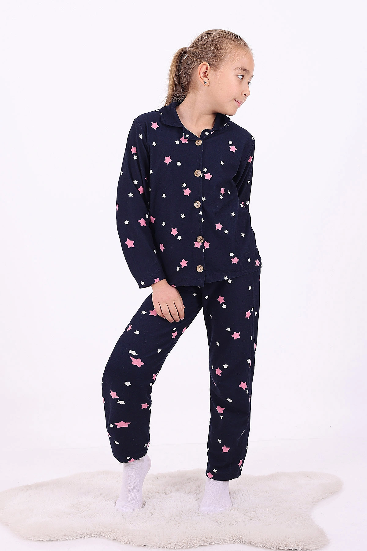 Lacivert (4-12 Yaş)Yıldız Desenli Düğmeli Kız Çocuk Pijama Takımı 329810