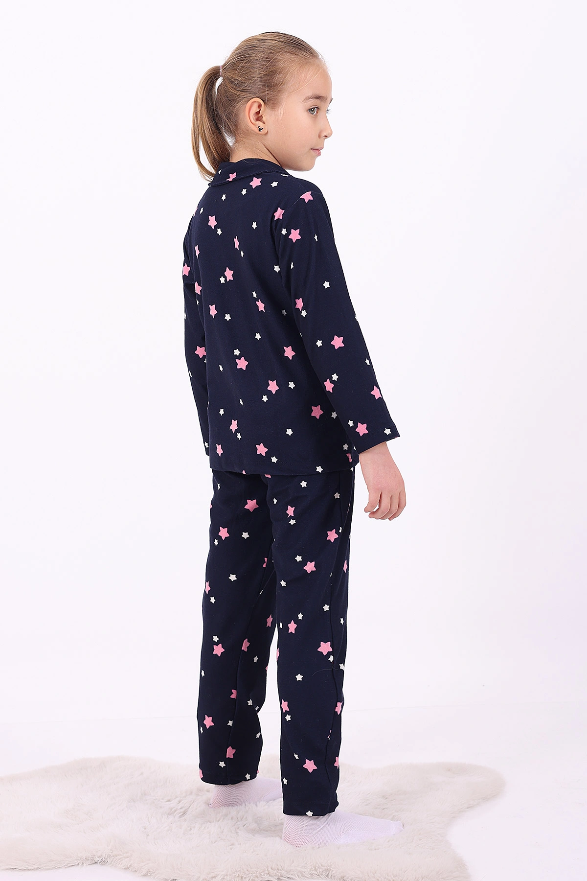 Lacivert (4-12 Yaş)Yıldız Desenli Düğmeli Kız Çocuk Pijama Takımı 329810