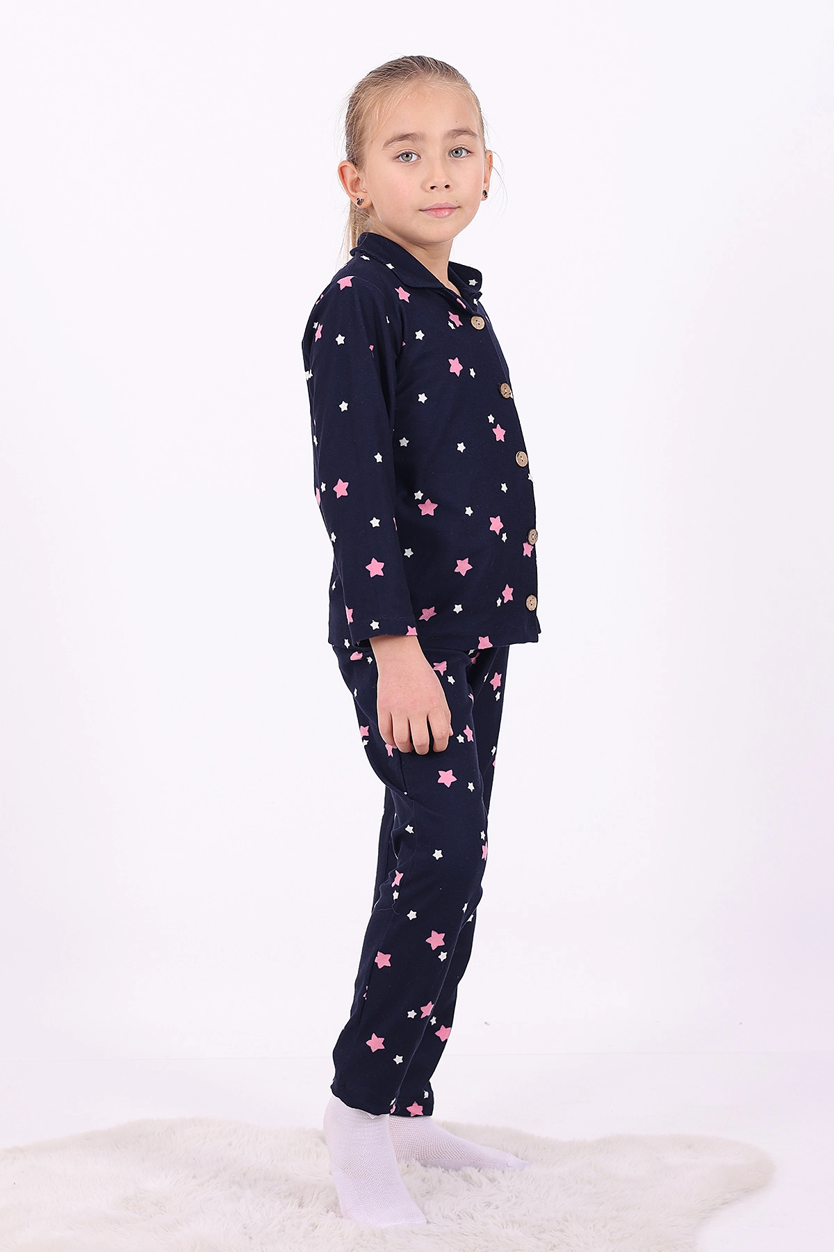 Lacivert (4-12 Yaş)Yıldız Desenli Düğmeli Kız Çocuk Pijama Takımı 329810