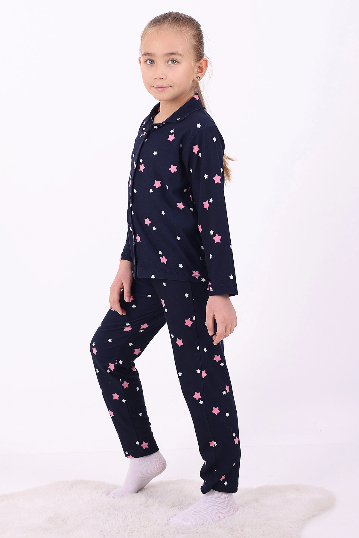 Lacivert (4-12 Yaş)Yıldız Desenli Düğmeli Kız Çocuk Pijama Takımı 329810